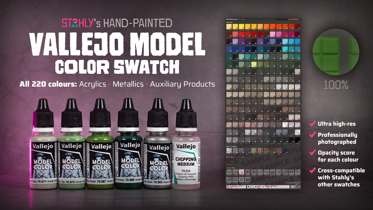 Banner for Stahly's hand-painted Vallejo Model Color swatch V1.1, graphic collage of text, paint bottles and colour swatch sample