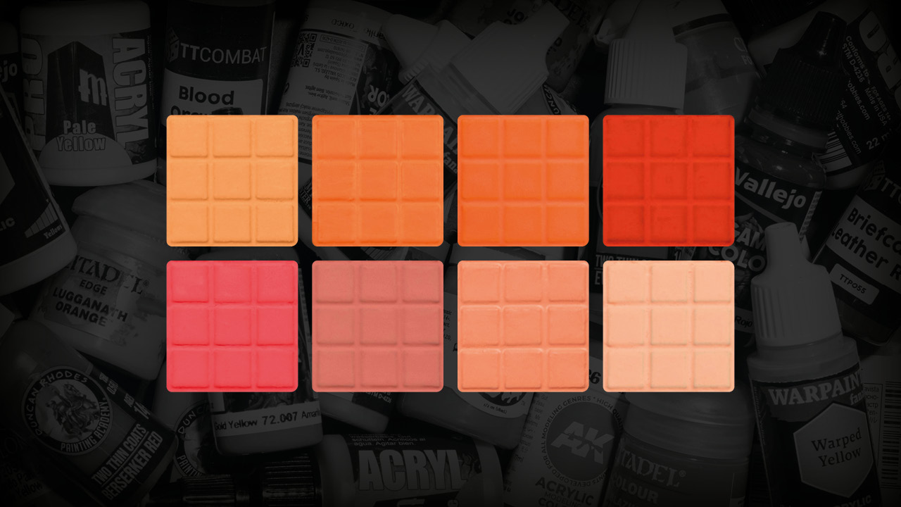 8 orange and peach colour squares on a dark background, Stahly's best paint picks for orange and peach