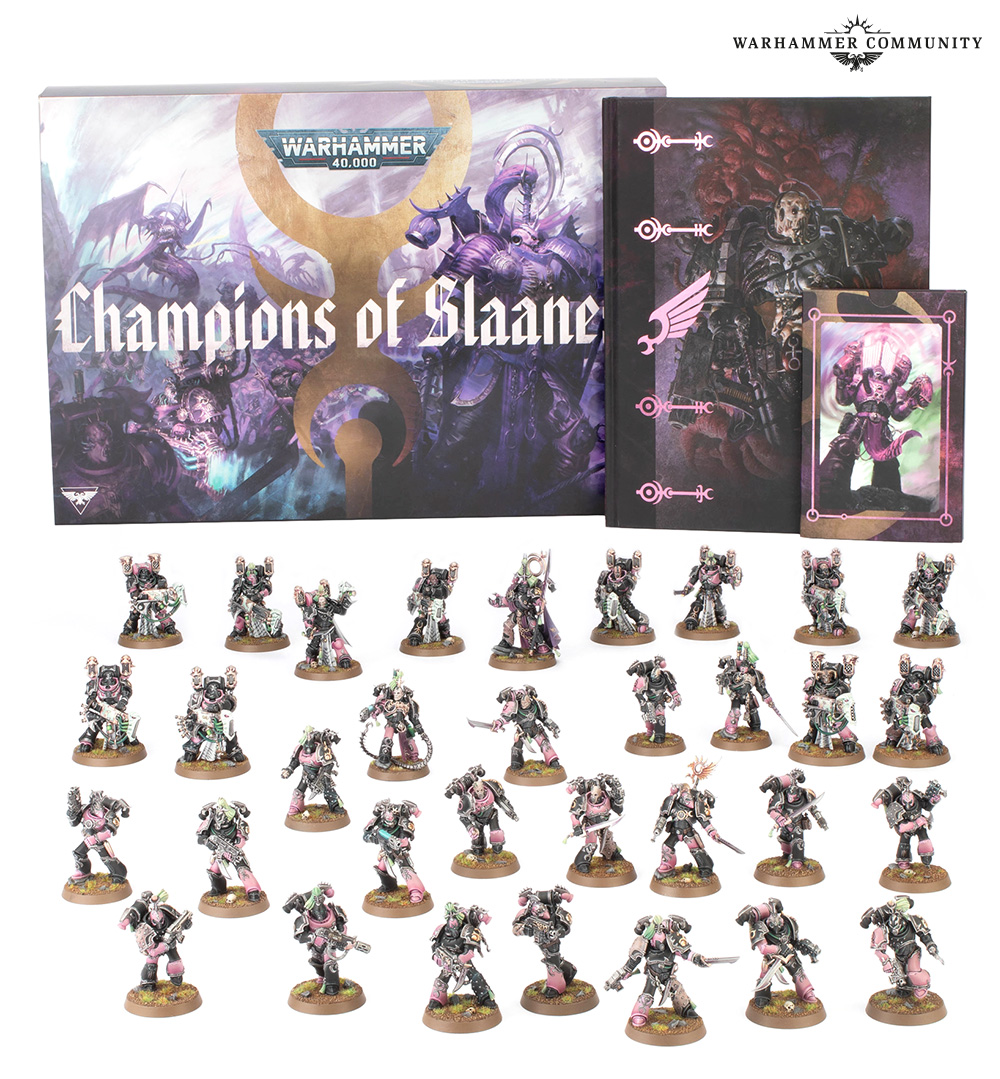 All the contents of the Emperor's Children army box arranged on a white background