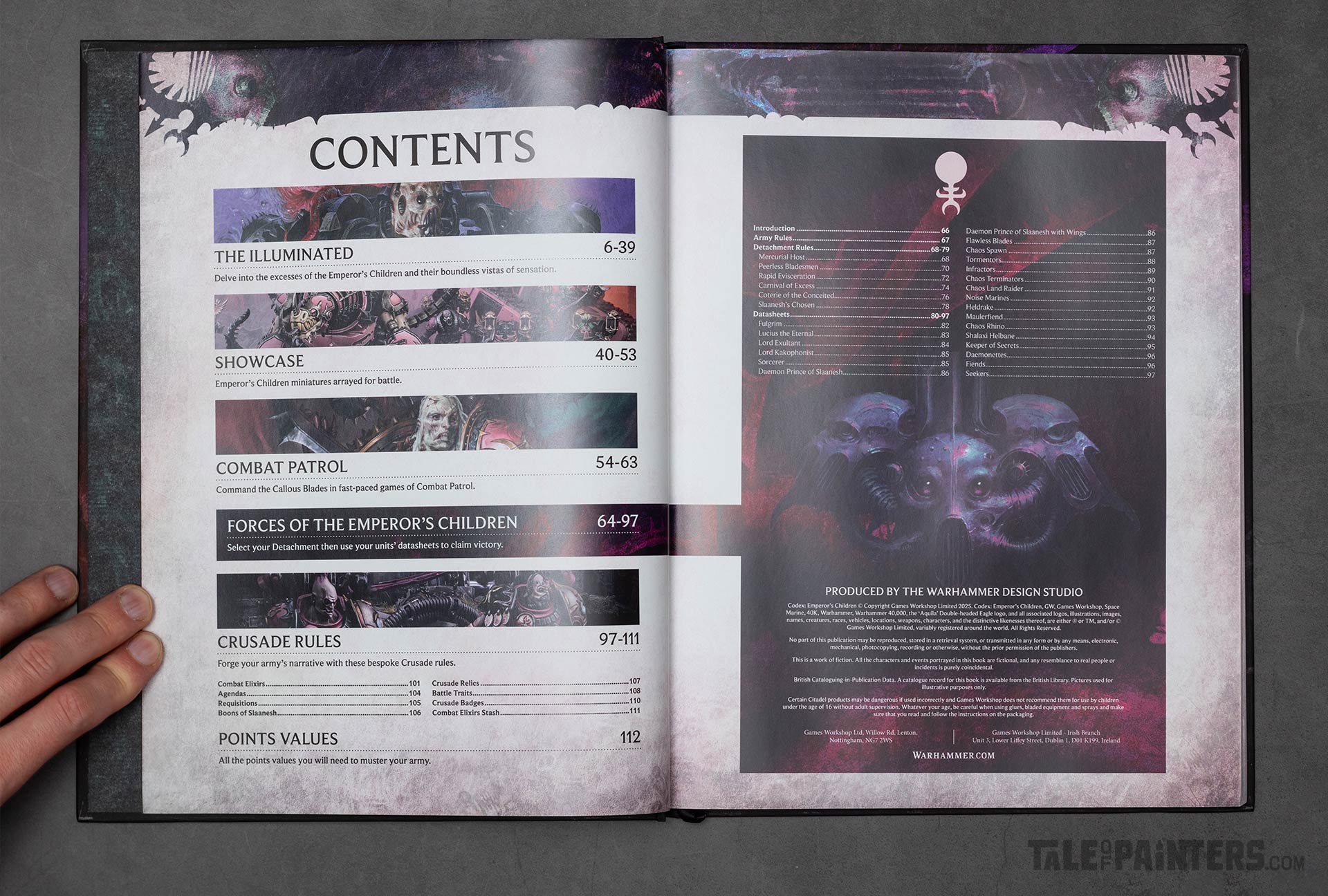 The contents page of the 2025 10th Edition Emperor's Children codex, photographed for a review of the army set