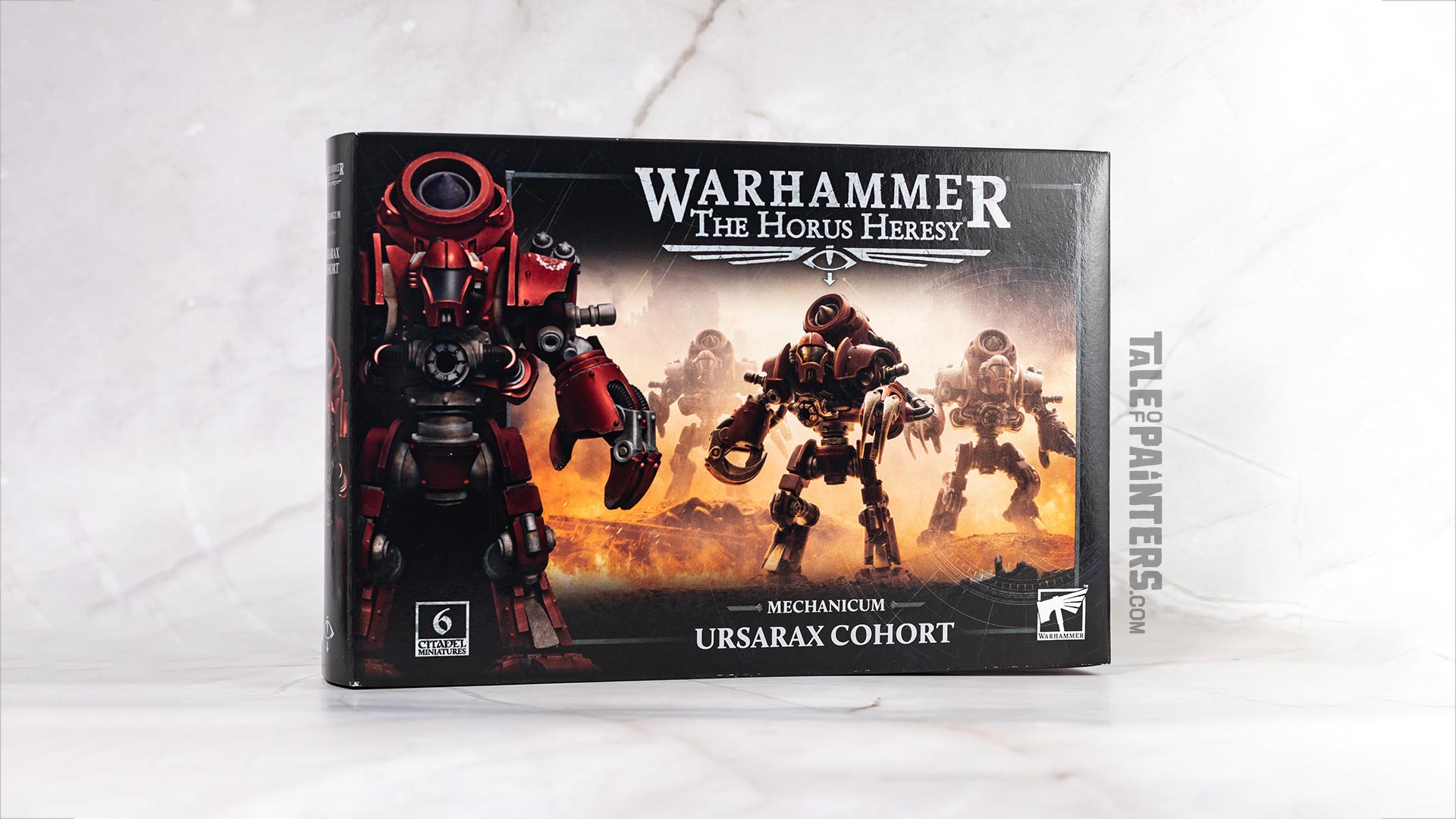 Mechanicum Ursarax Cohort box on a white marble background, photographed for a review and unboxing