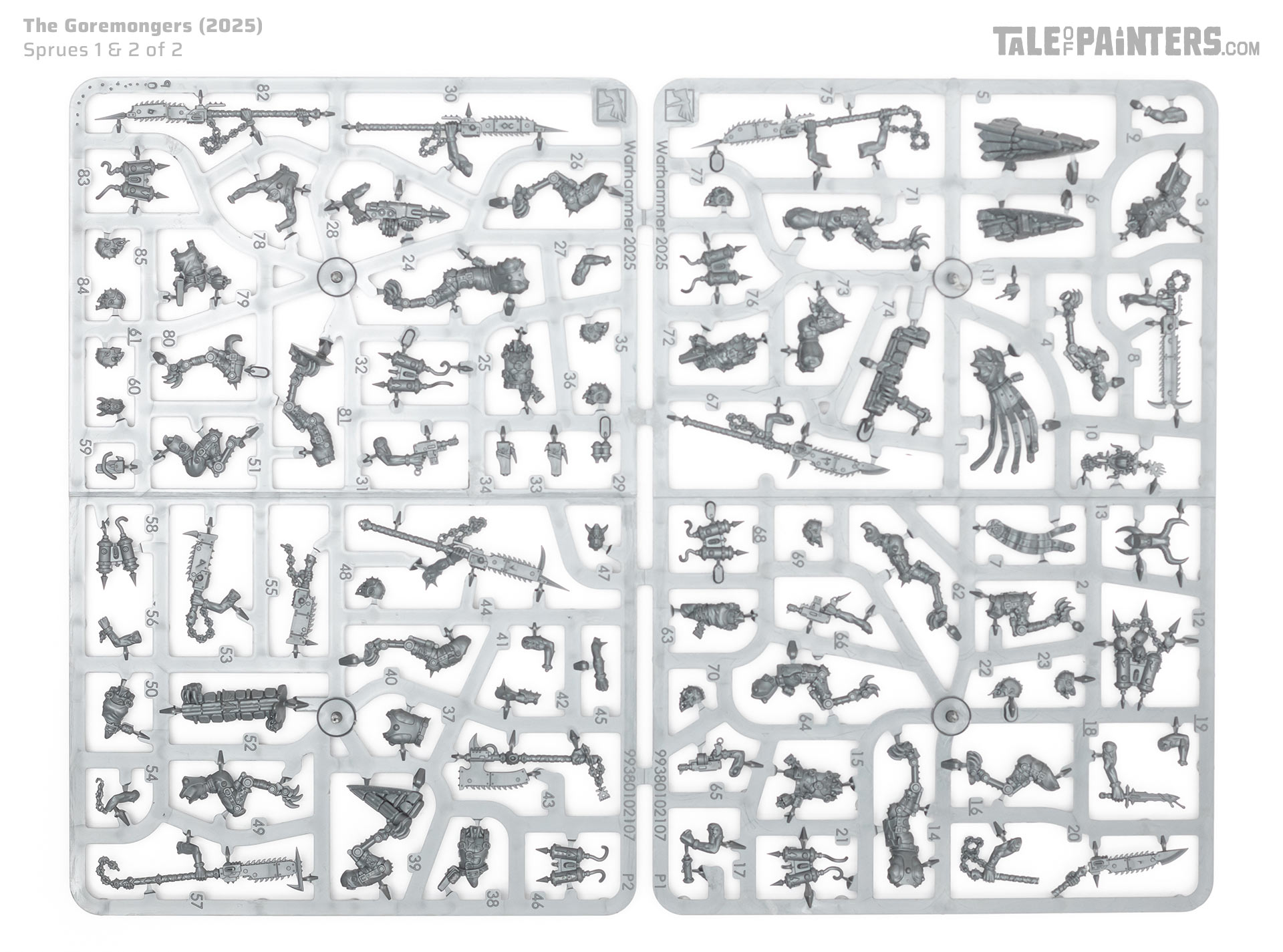 The sprues from The Goremongers Kill Team kit from Kill Team: Blood and Zeal arranged on a white background