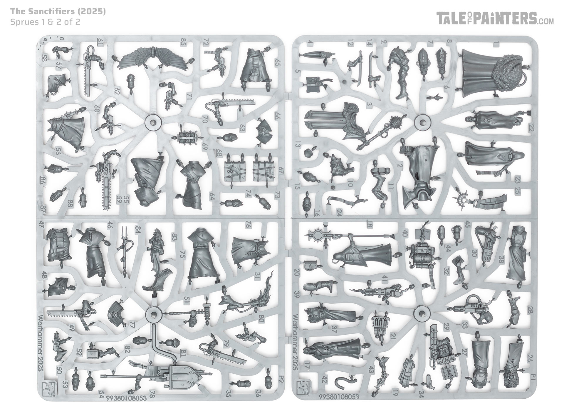 The sprues from The Sanctifiers Kill Team kit from Kill Team: Blood and Zeal arranged on a white background