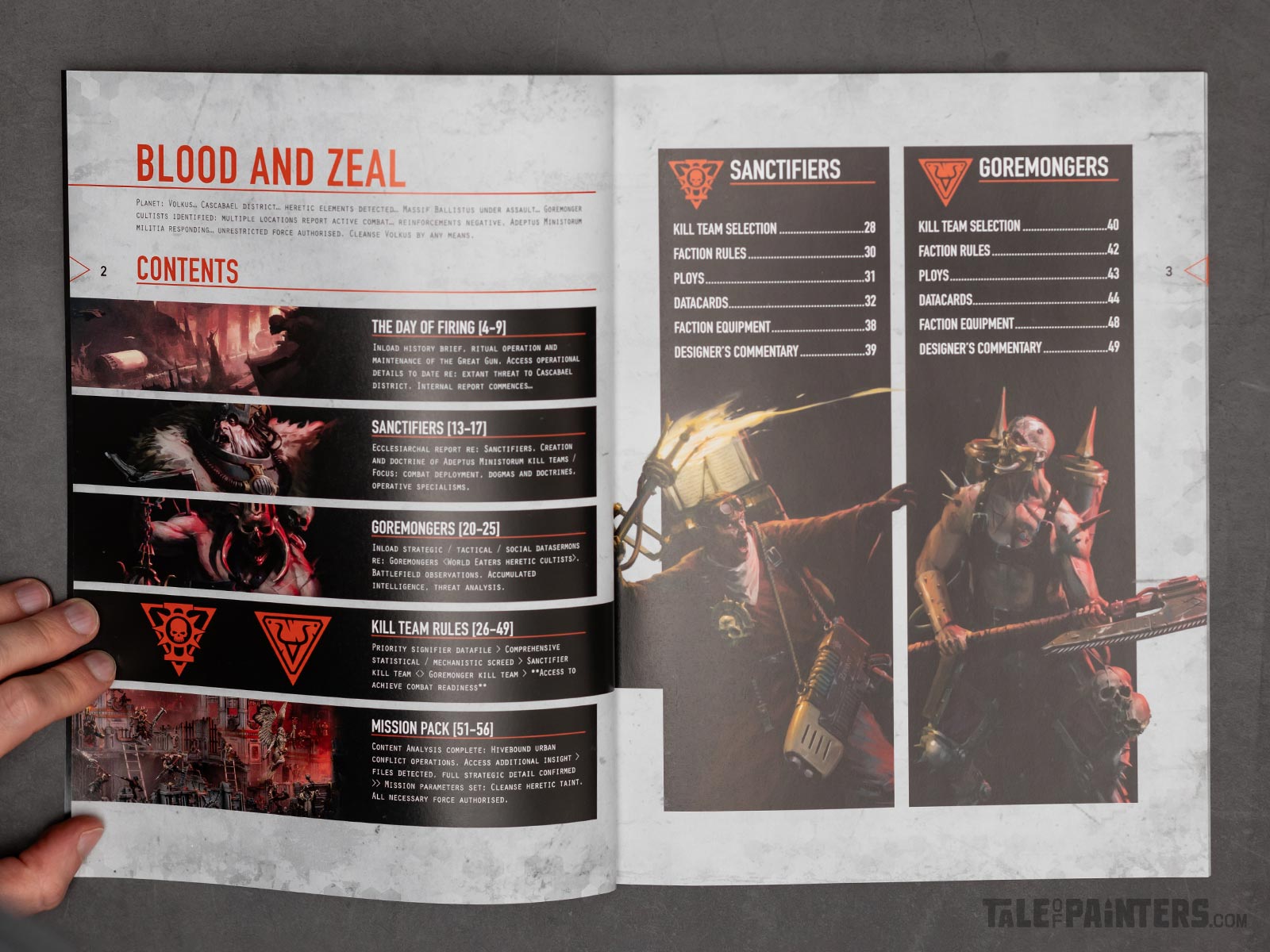 Top shot of the contents double page from the Kill Team Blood and Zeal dossier expansion rulebook