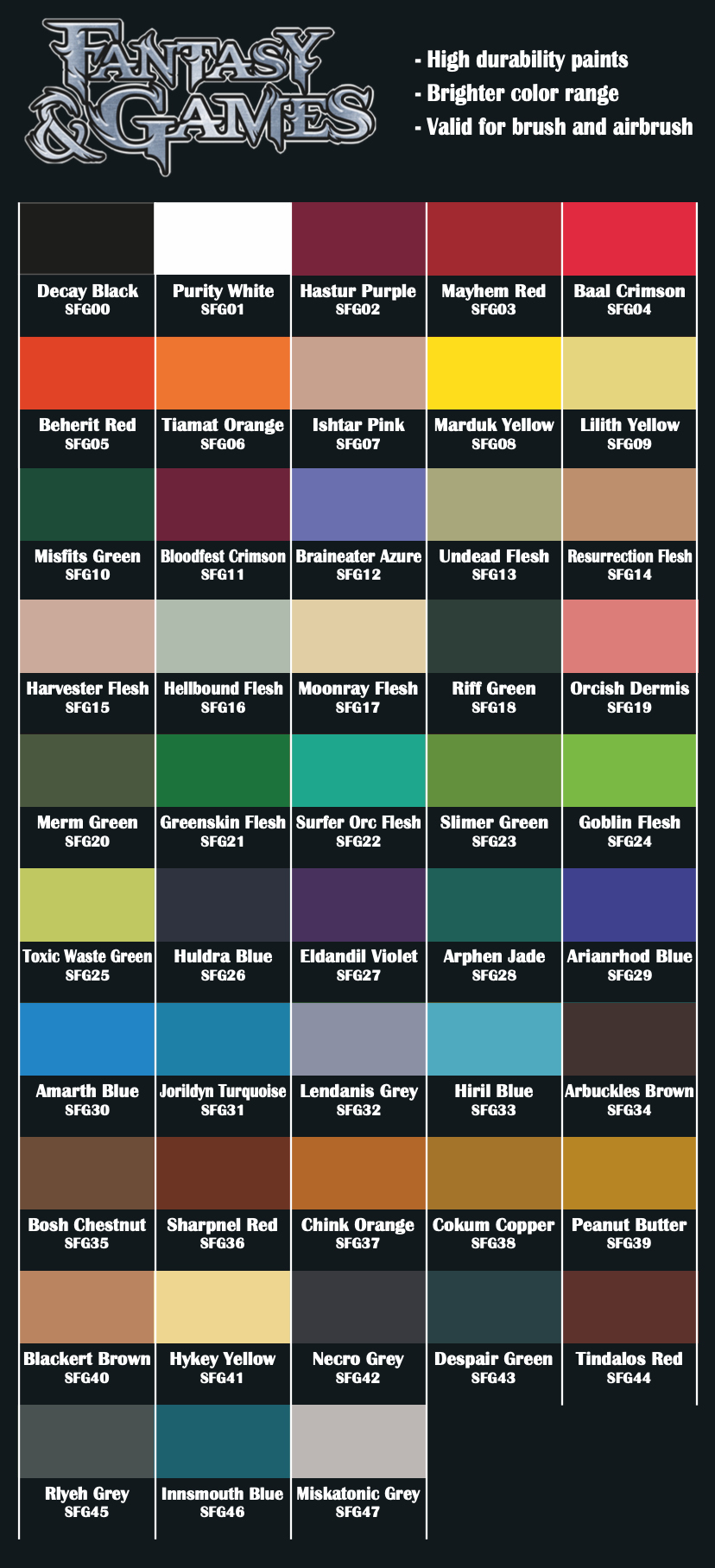 A graphic colour swatch of all 48 Fantasy & Games colours from Scale 75