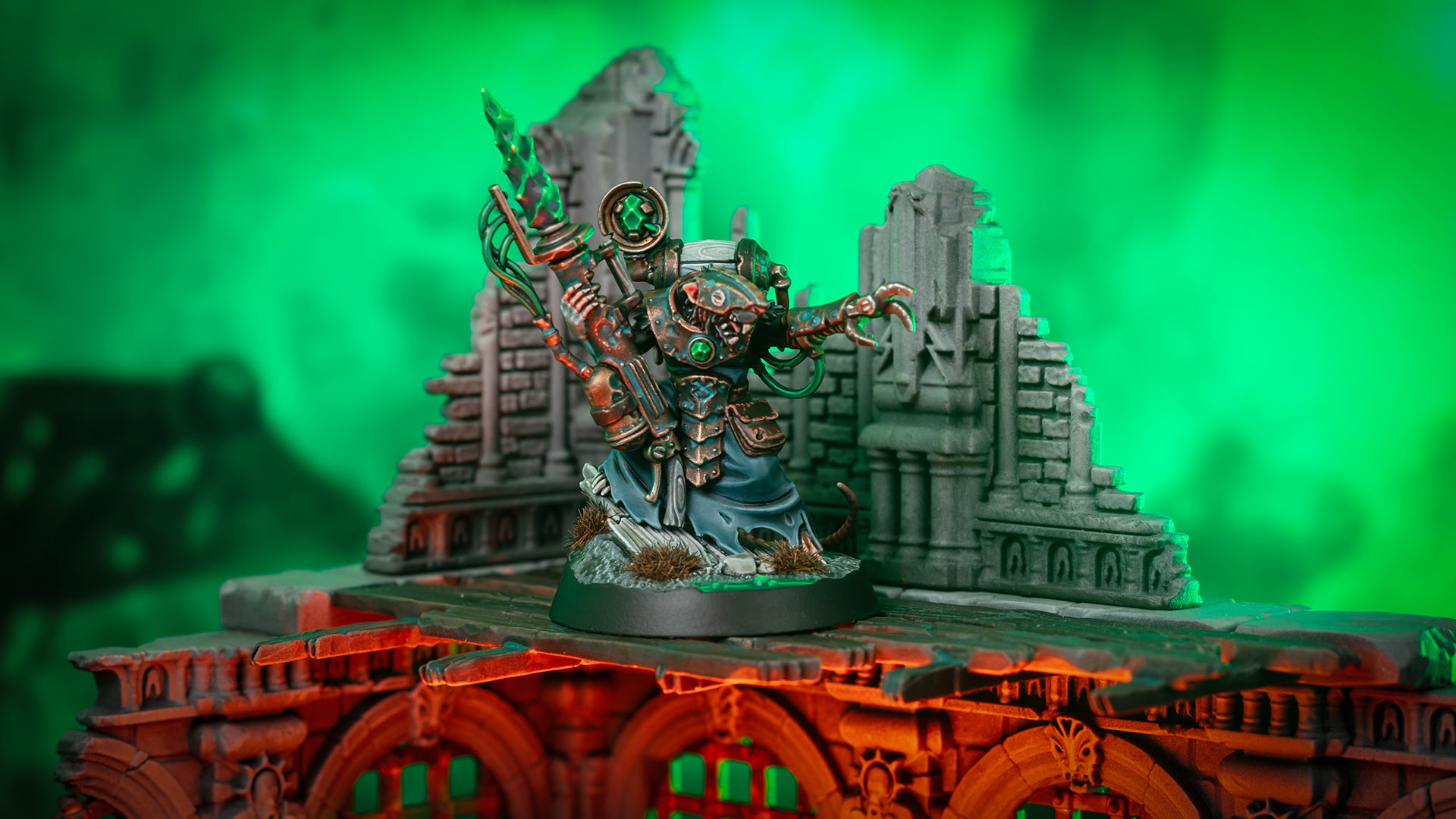 Cinematic shot of Zikkit Rockgnaw from the Warhammer Underworlds Skaven warband Zikkit's Tunnelpack, standing on an Azyrite Ruin lit with dramatic green and red light