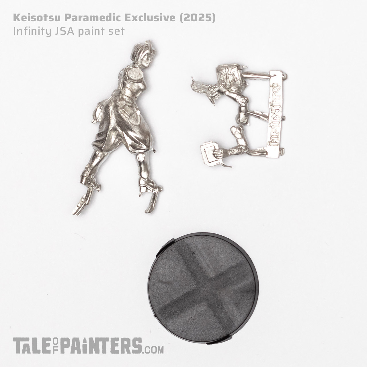 Exclusive Keisotsu Medic white metal components from the Infinity JSA paint set on a white background, taken for review purposes