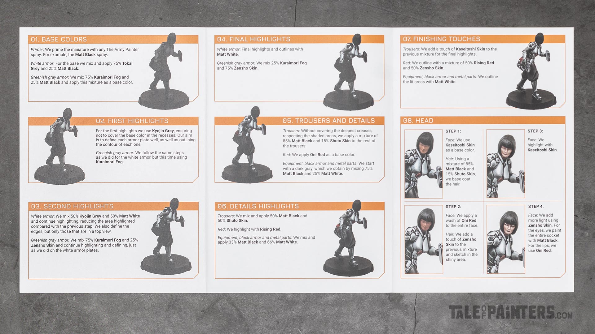 Painting tutorial pamphlet from the Infinity JSA paint set from The Army Painter, laid flat on a concrete background