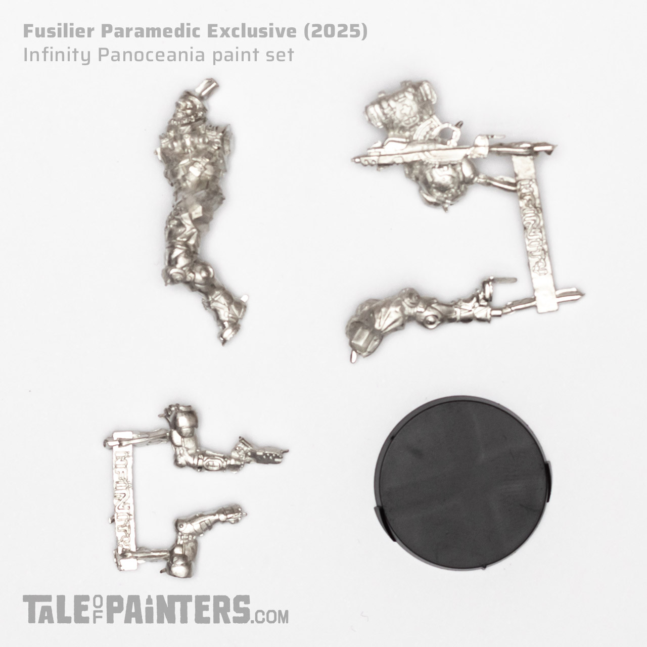 Exclusive Fusilier Medic white metal components from the Infinity Panoceania paint set on a white background, taken for review purposes