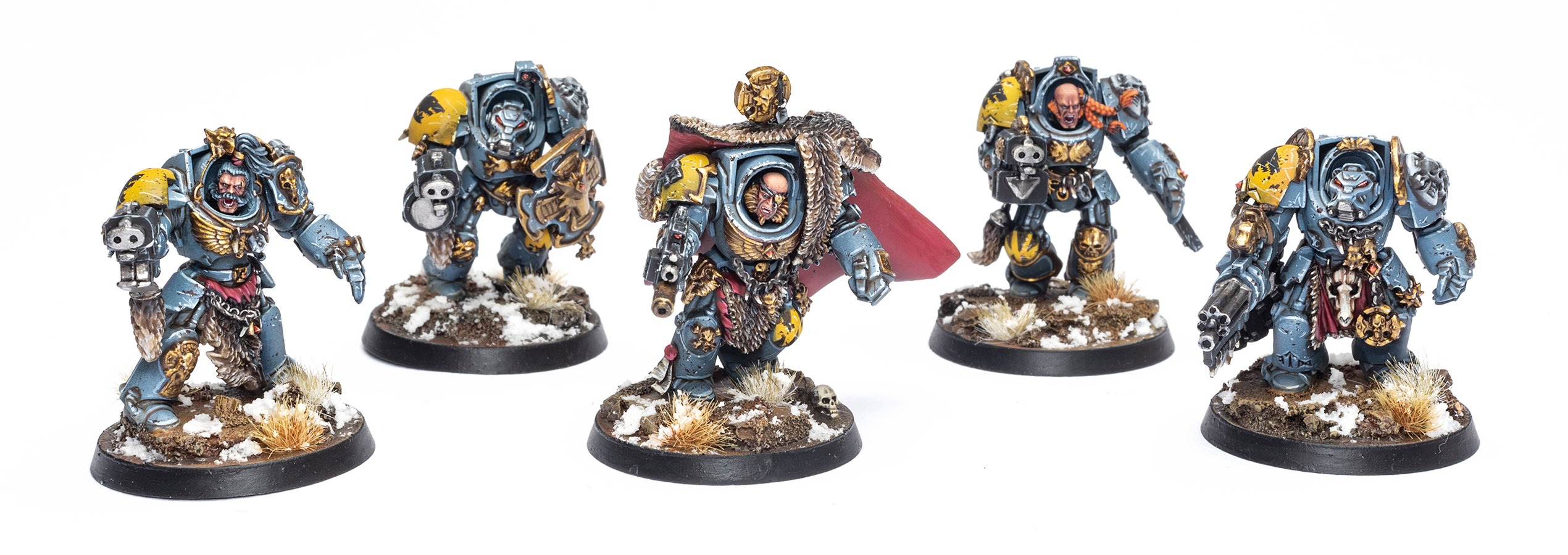 5 Space Wolves Terminators painted by Dunk on a clean white background