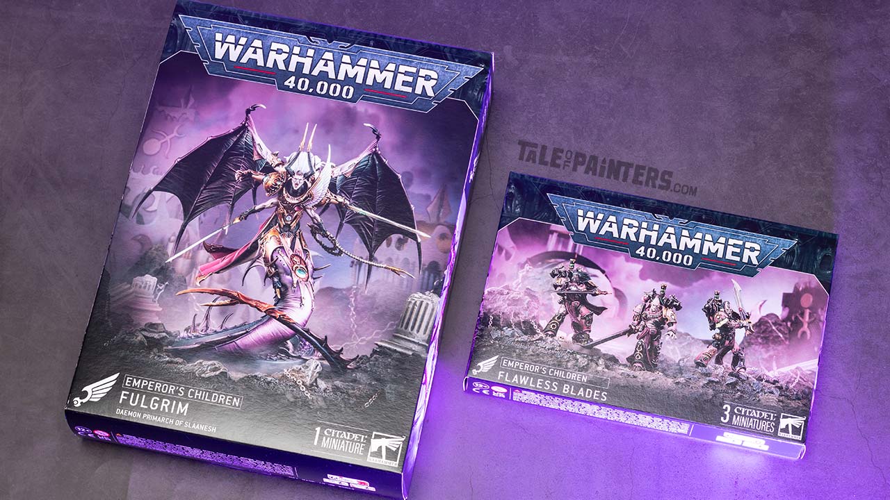 Emperor's Children Fulgrim, Daemon Prince of Slaanesh and Flawless Blades boxes arranged on a concrete background, lit with purple light, photographed for review purposes