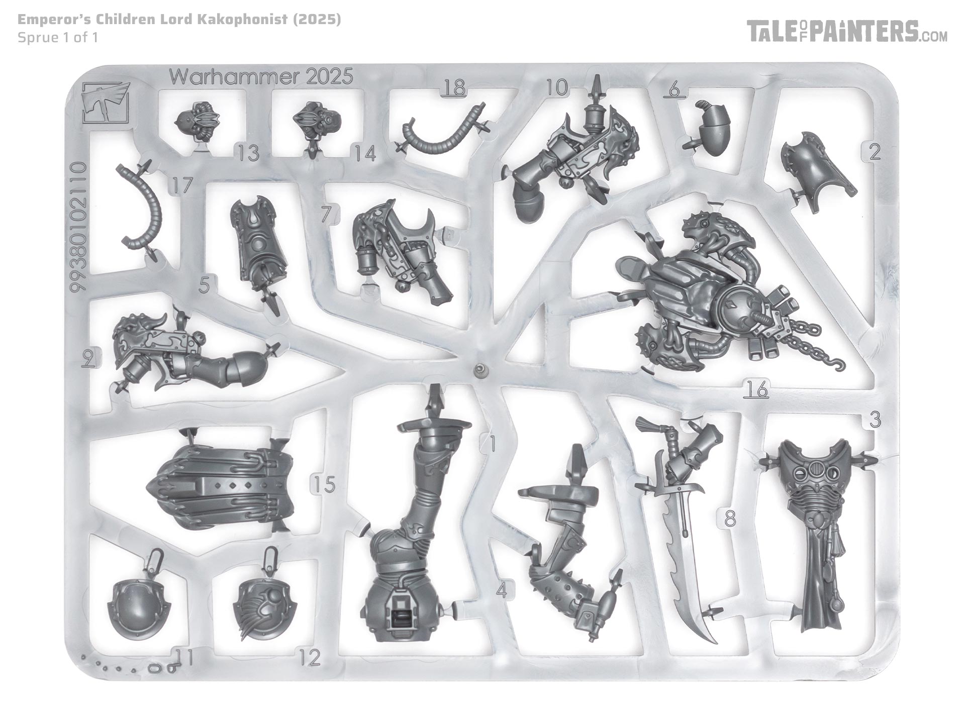 Emperor's Children Lord Kakophonist sprue on a clean white background, photographed for review purposes
