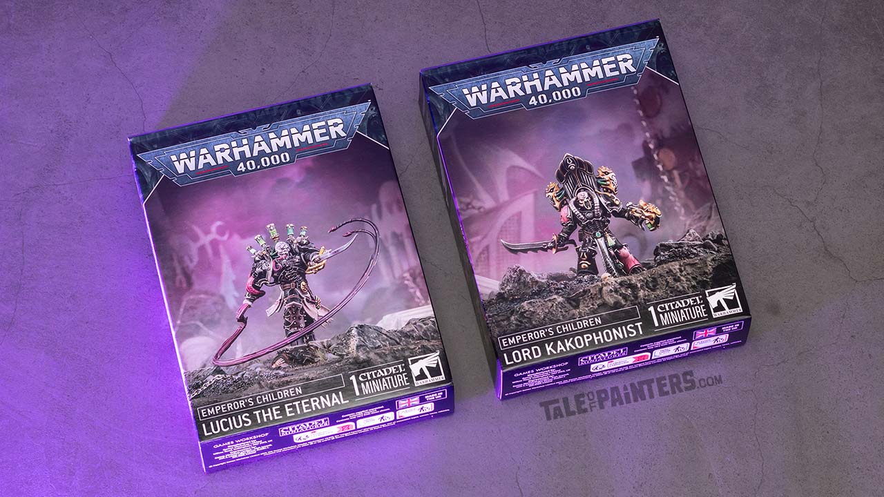 Emperor's Children Lucius the Eternal and Lord Kakophonost boxes arranged on a concrete background, lit with purple light, photographed for review purposes