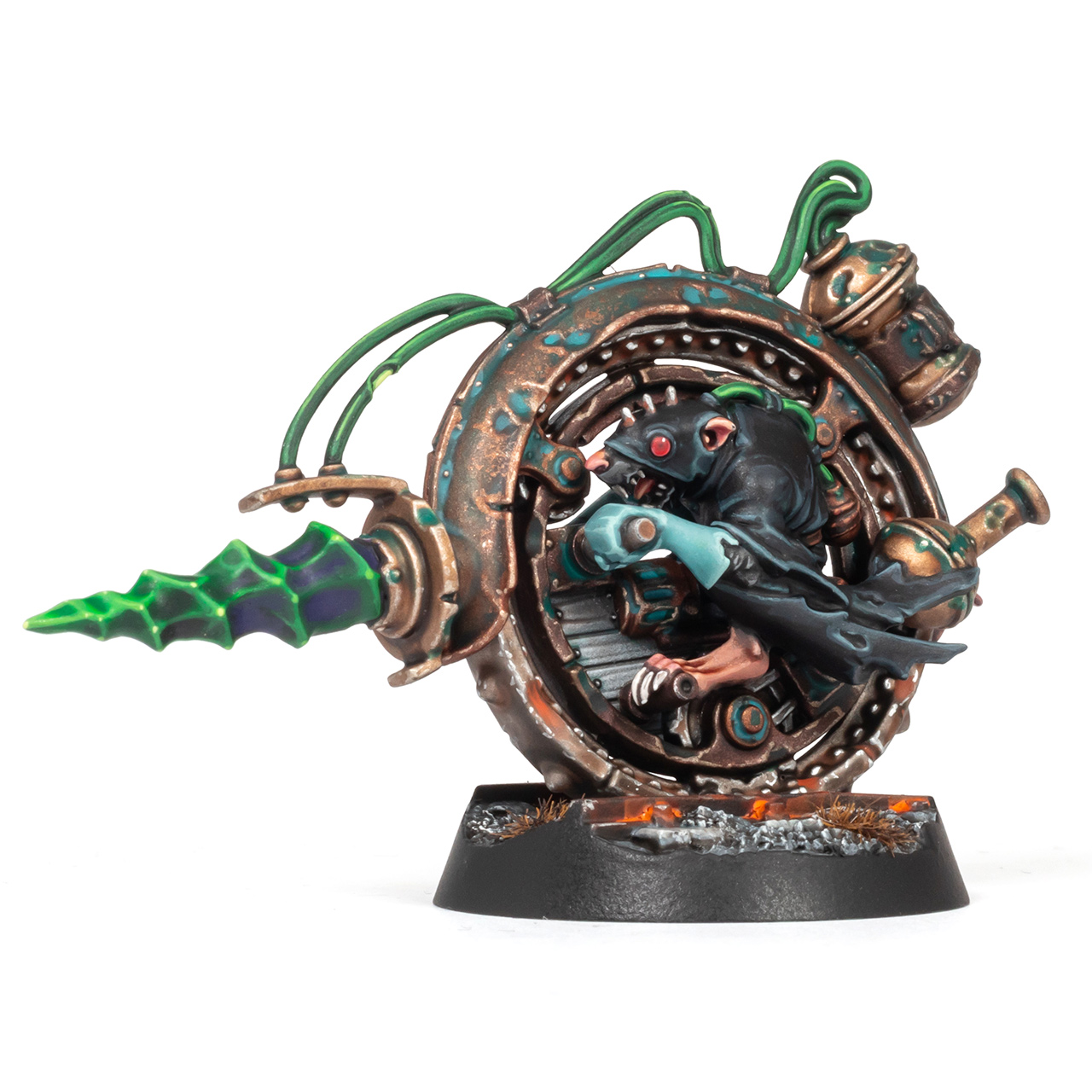 Rikkat Verm in his Skaven Clan Skyre Killwheel, from Zikkit's Tunnelpack, painted by Stahly and photographed on a white background
