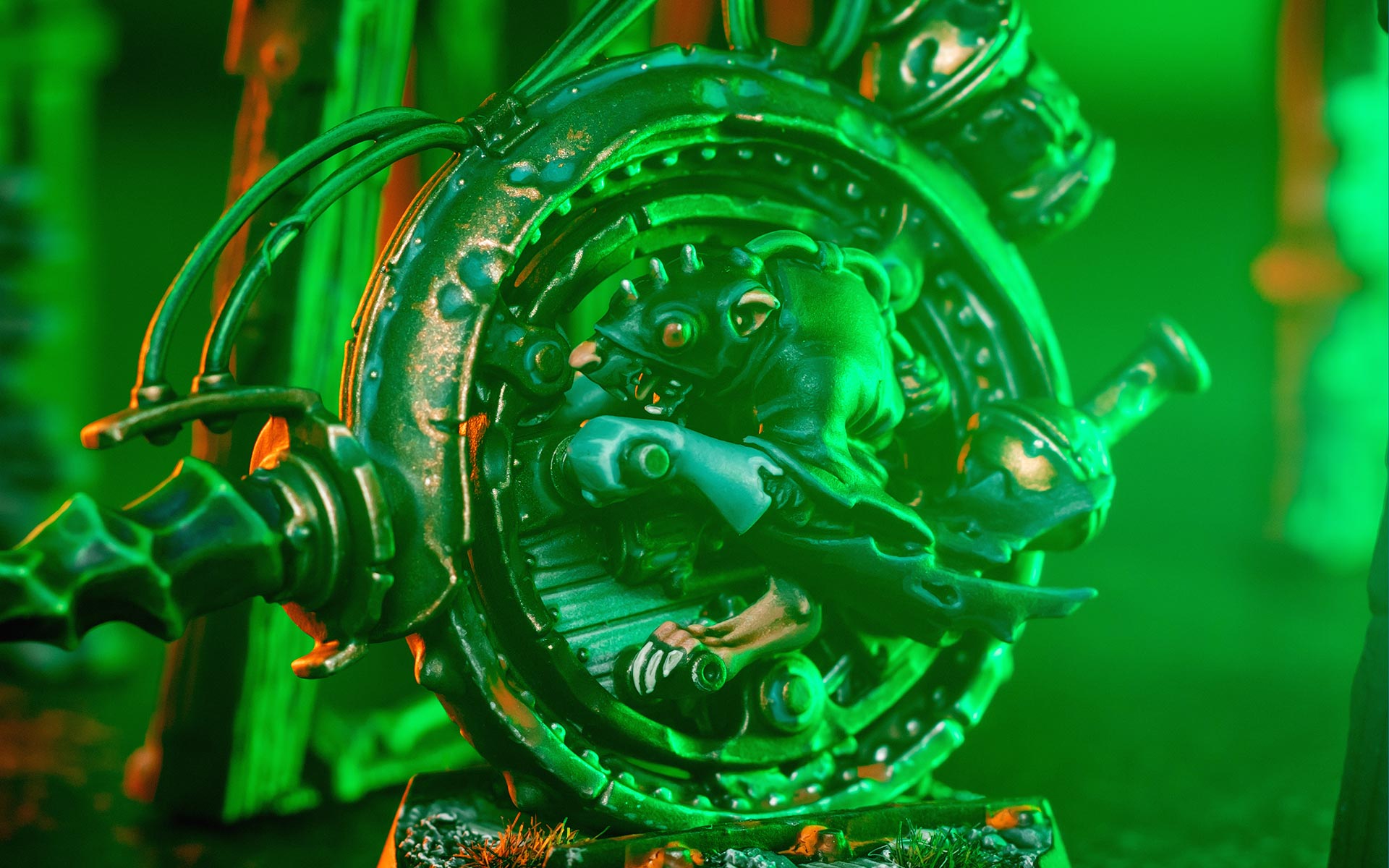 Cinematic detail shot of Rittak Verm in his Skaven Clan Skyre Killwheel, from Zikkit's Tunnelpack, lit with eerie green warplight