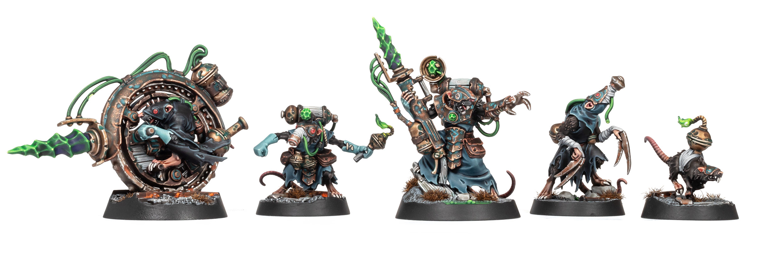 Skaven warband Zikkit's Tunnelpack from Warhammer Underworlds, painted by Stahly with petrol rags and copper armour, on a white background