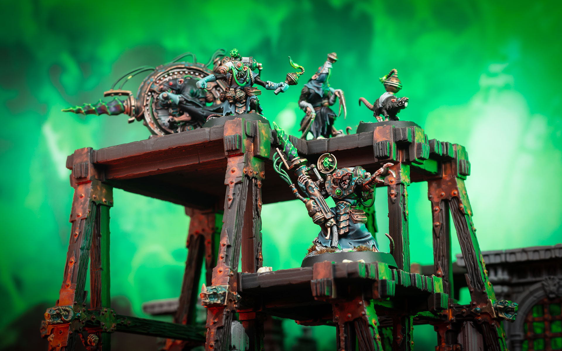 Cinematic shot of Zikkit's Tunnelpack, standing atop a wooden plattform in front of a dramatic green sky, painted and photographed by Stahly