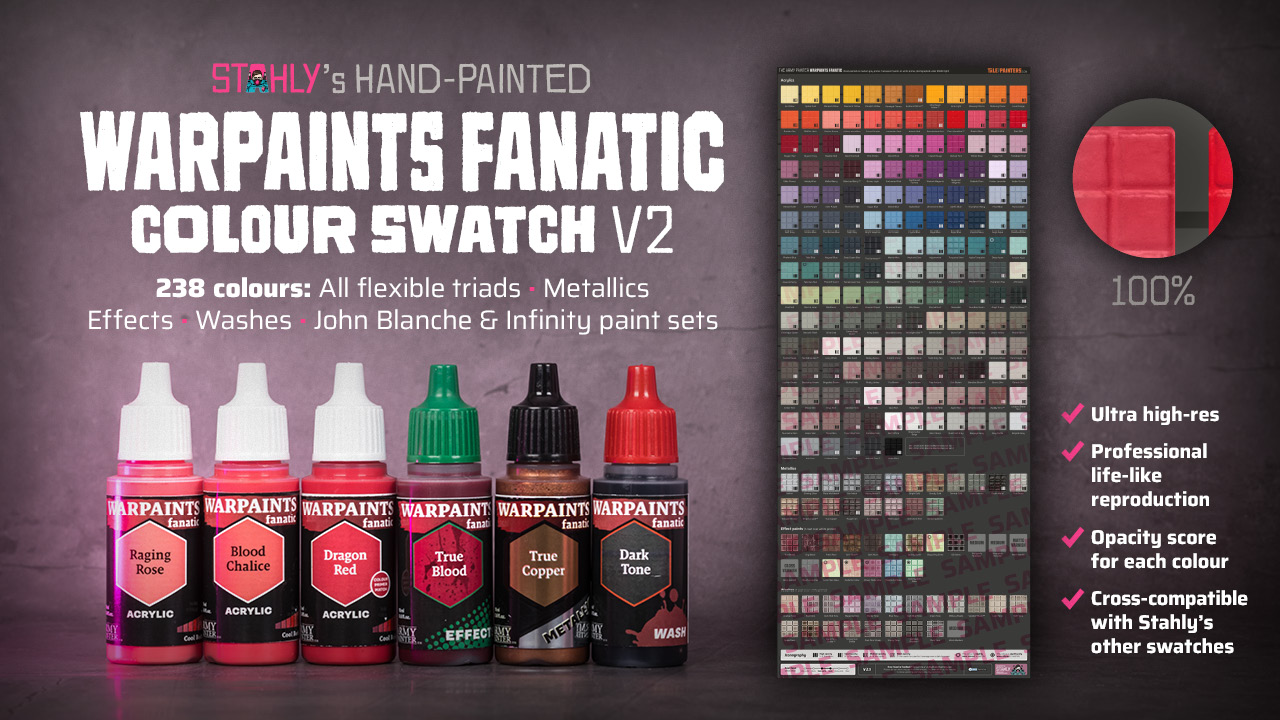 Banner for Stahly's hand-painted Warpaints Fanatic colour swatch V2.1, graphic collage of text, paint bottles and colour swatch sample