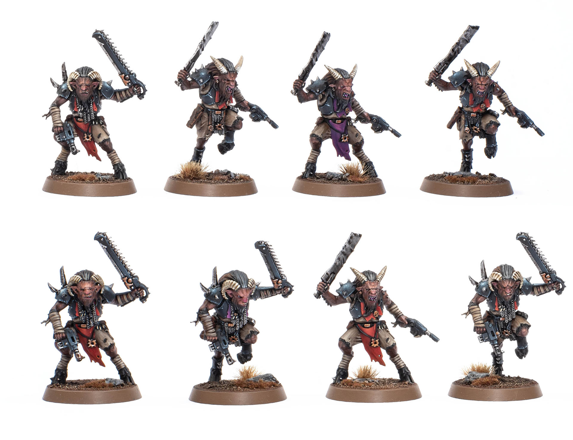 8 Chaos Beastmean models from Warhammer Quest: Blackstone Fortress on a white background, painted by Dunk