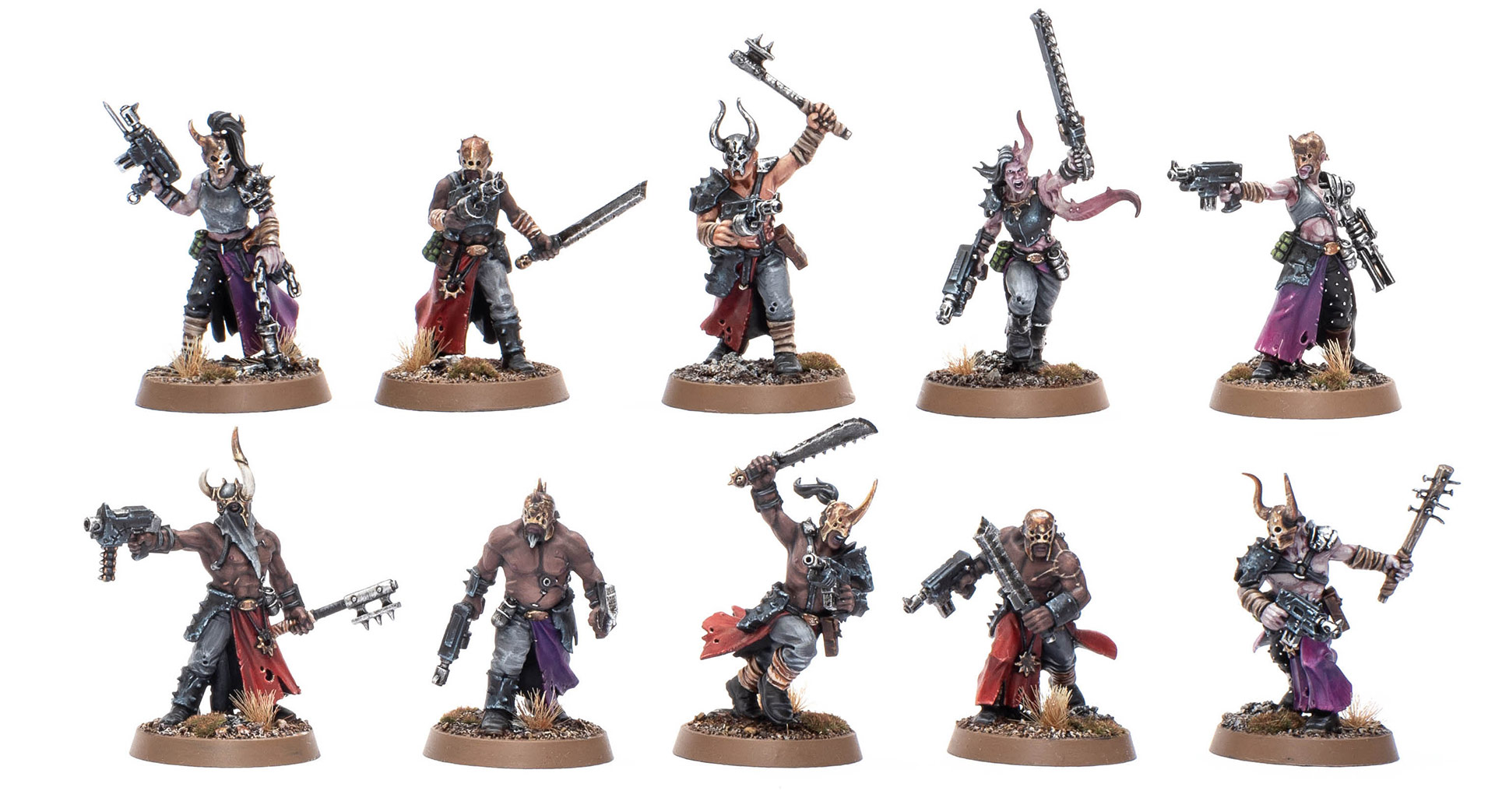 10 painted Chaos Cultists models on a white background, painted by Dunk