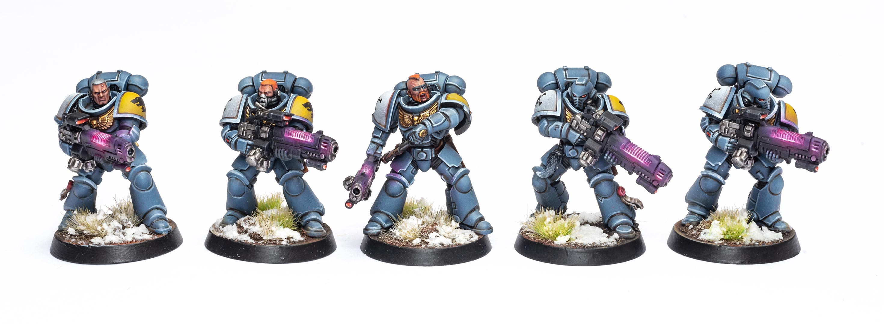 Five Primaris Hellblasters of the Space Wolves chapter on a clean white background, painted by Dunk