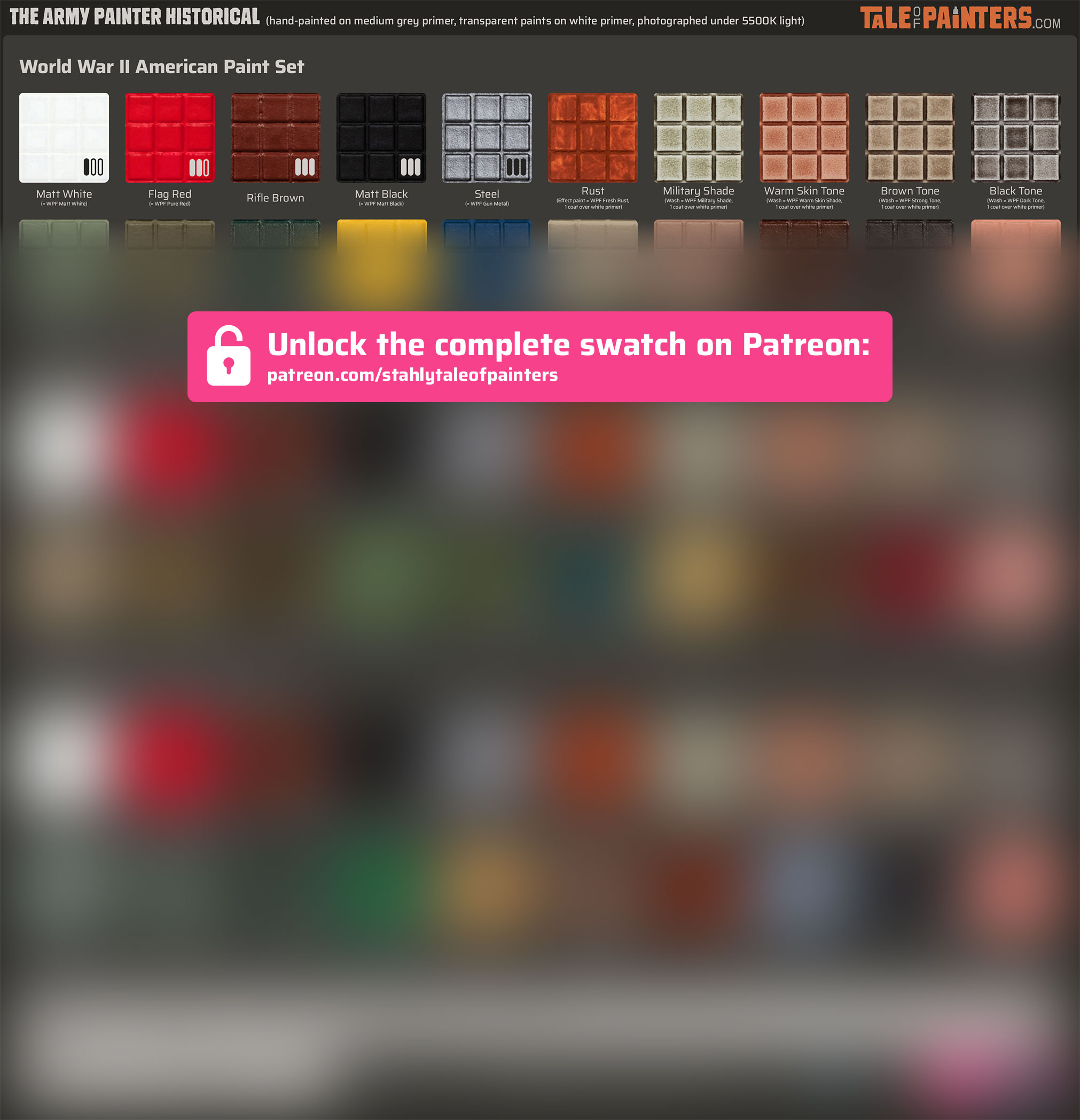 A hand-painted colour swatch of The Army Painter's Warpaints Fanatic Historical paint range, partially blurred with a pink callout to unlock the entire swatch on Patreon