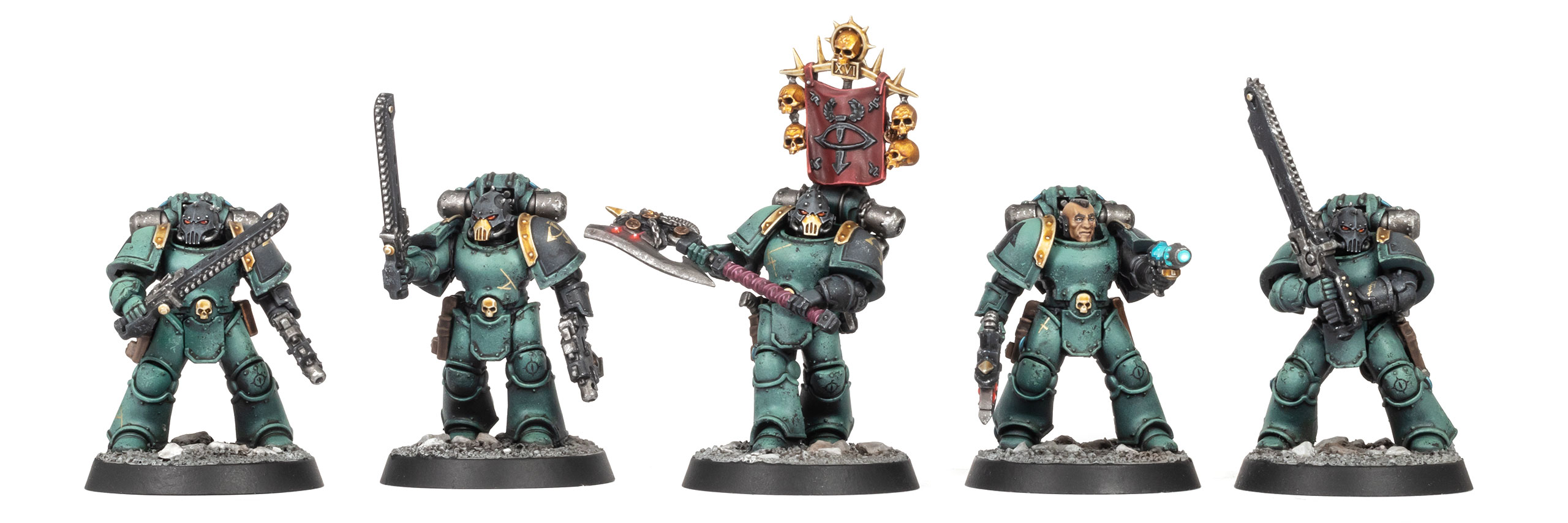 Five Sons of Horus Despoiler models with various melee weapons, painted by Stahly, in front of a clean white background