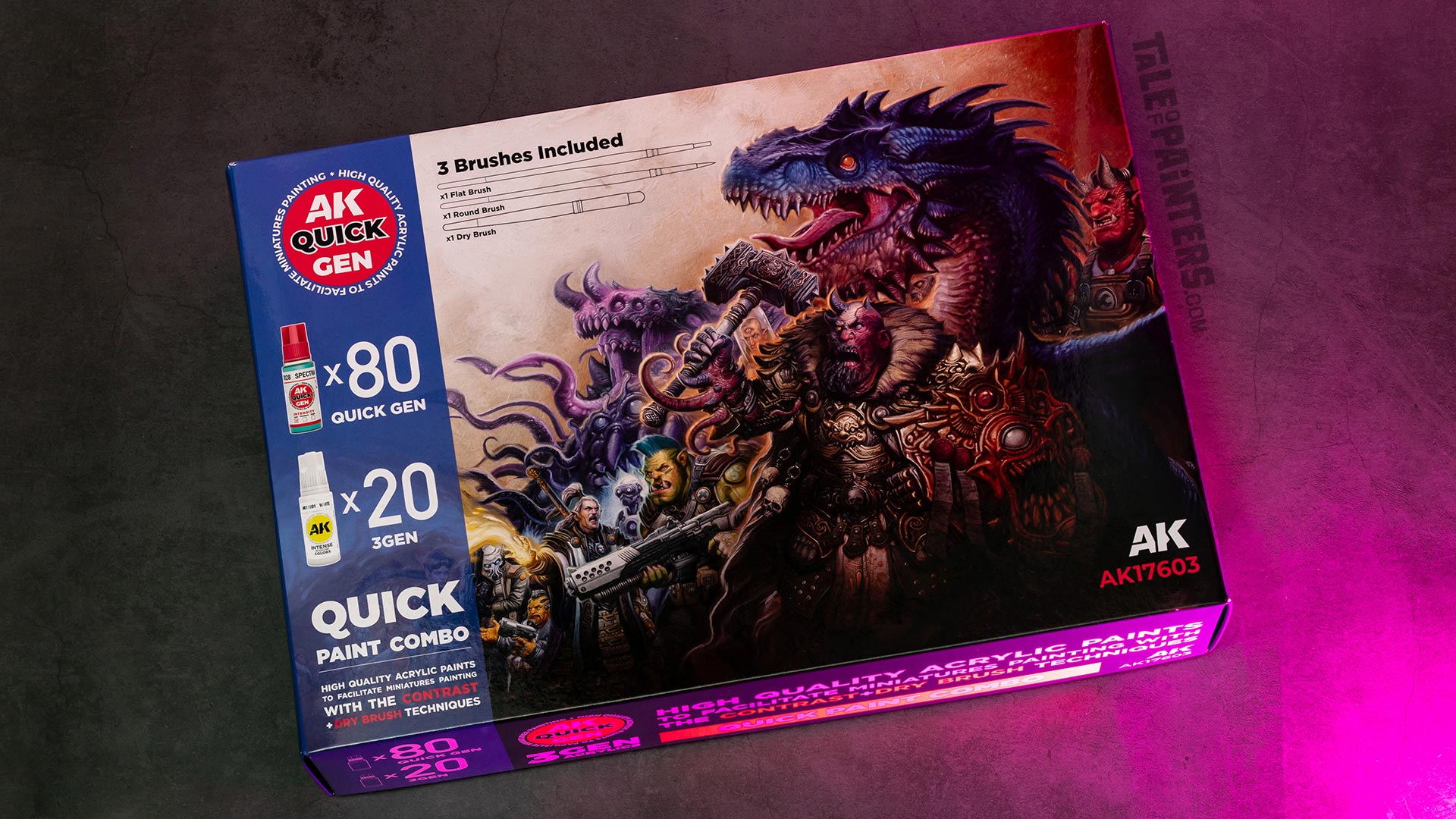 AK Quick Gen Quick Paint Combo paint set on a concrete background, lit with pink light, photographed for review purposes