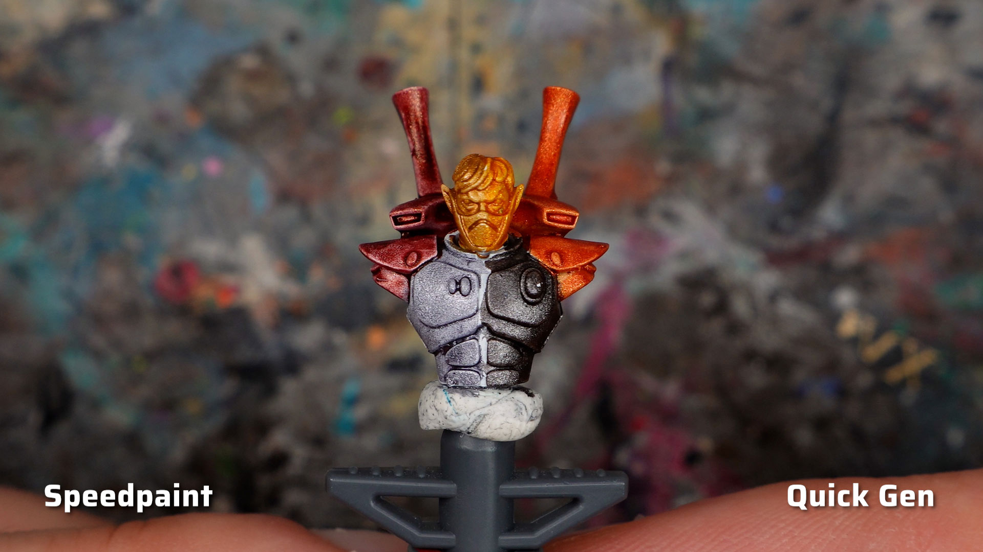 Comparison of a custom Aeldari sculpt, left side painted with Speedpaint metallics, right side painted with AK Quick Gen metallics