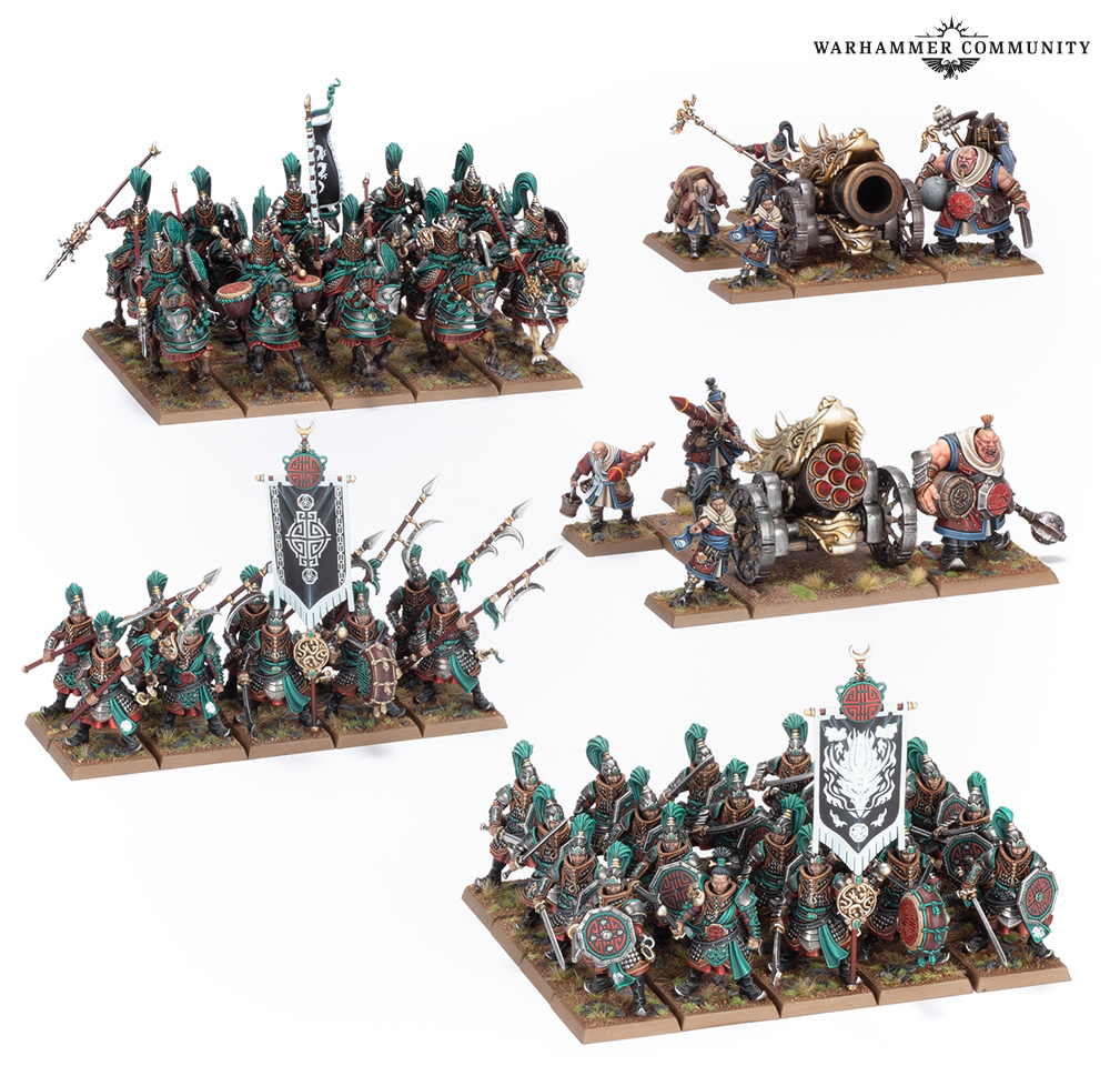 All models from the Warhammer Grand Cathay Battalion box set painted and arranged on a plain white background
