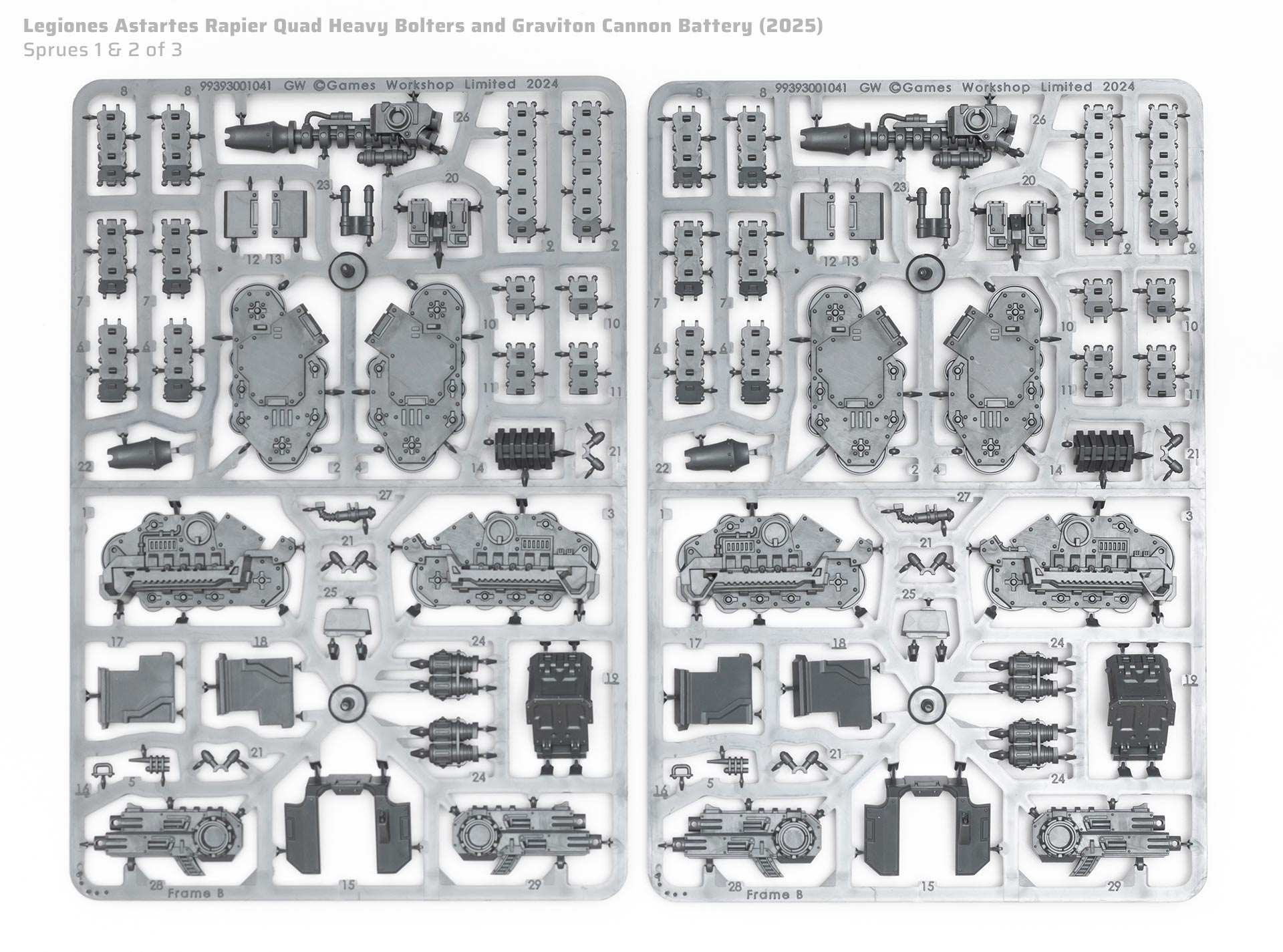 Rapier Quad Heavy Bolters and Graviton cannons plastic sprues on a clean white background, photographed for review purposes