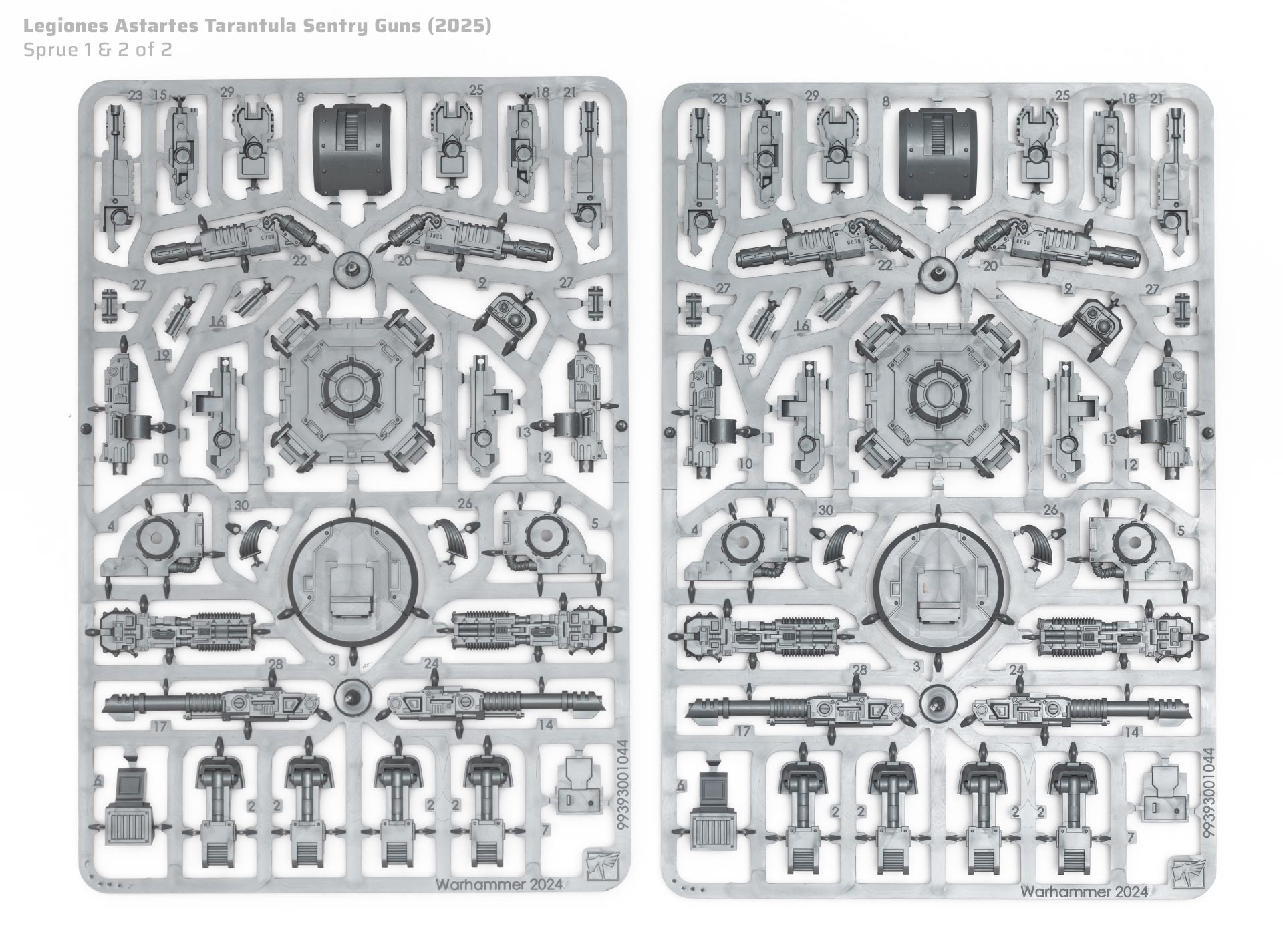 Tarantula Sentry Guns plastic sprues on a clean white background, photographed for review purposes