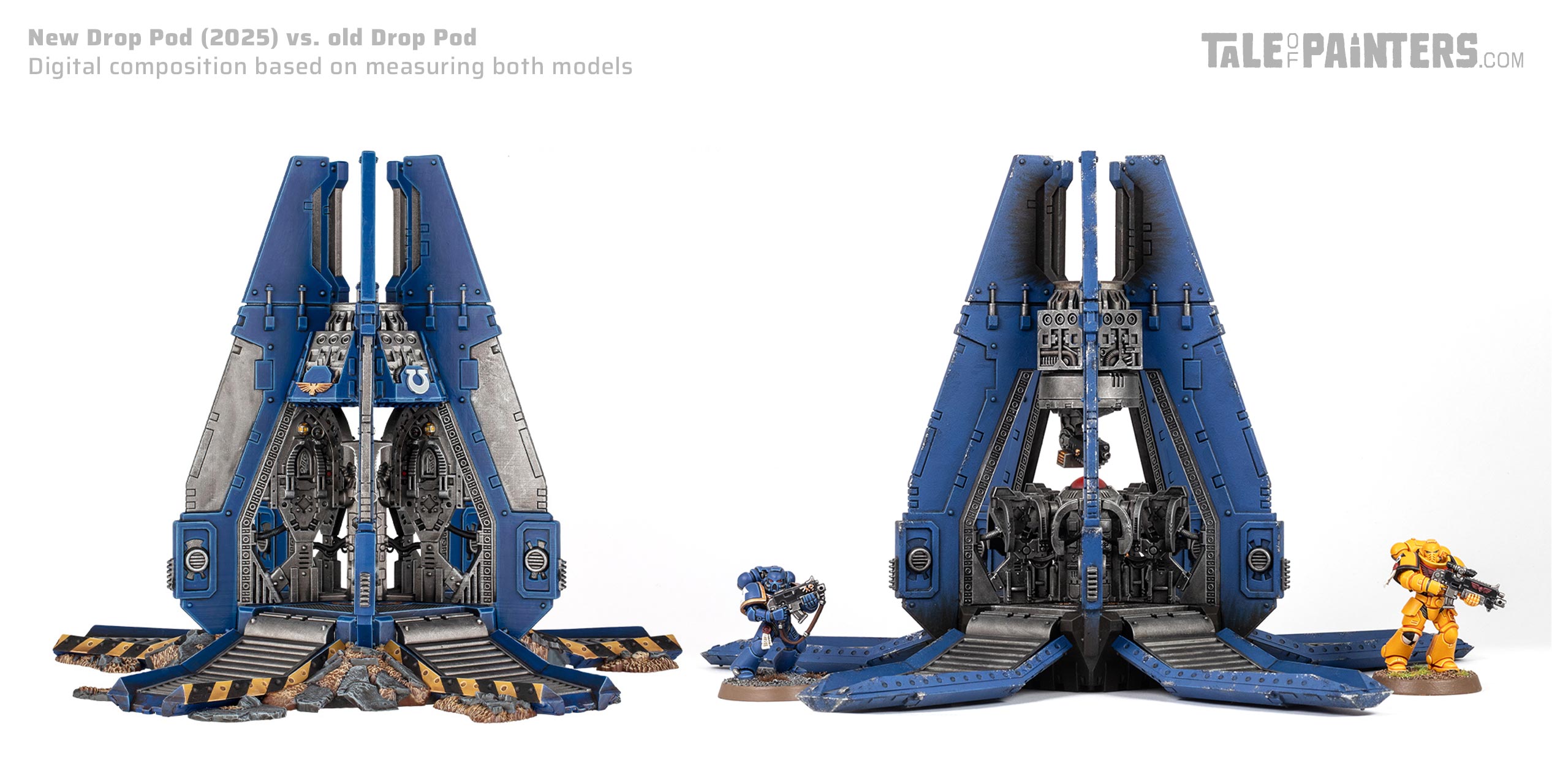 Old vs new Space Marines Drop Pod models side by side on a plain white background, photographed for review purposes