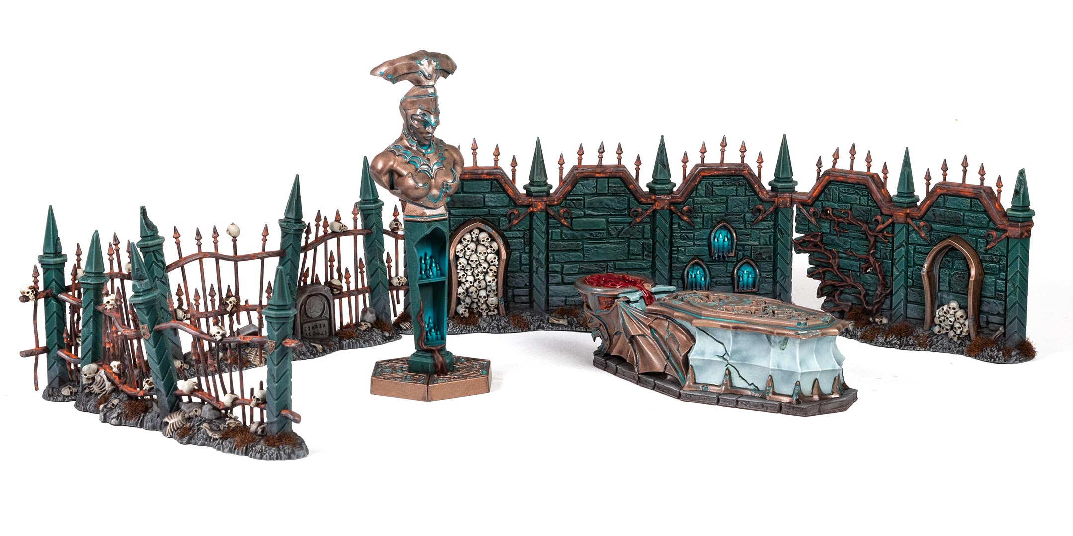 The terrain from Warcry: Crypt of Blood / Spearhead: Sand and Bone painted in dark green and bronze by Stahly, arranged on a white background