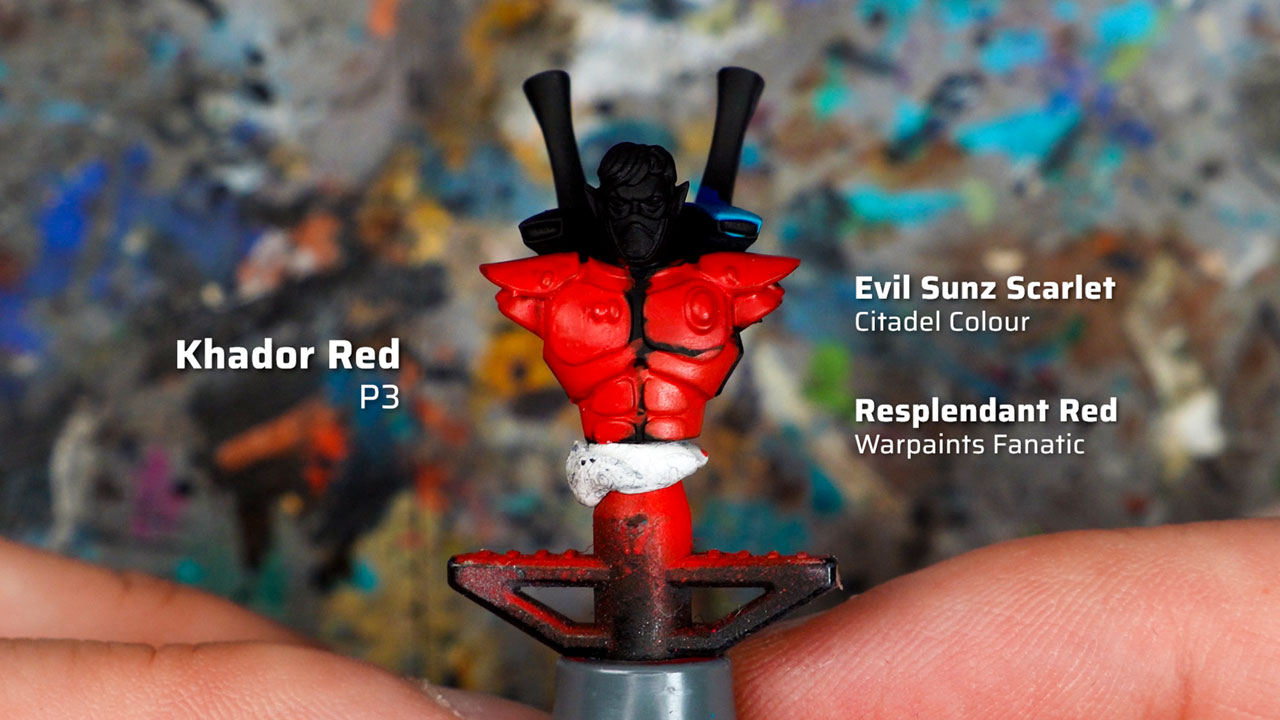 A Warhammer test model painted with P3 Khador Red, Evil Sunz Scarlet, and Resplendant Red from Warpaints Fanatic