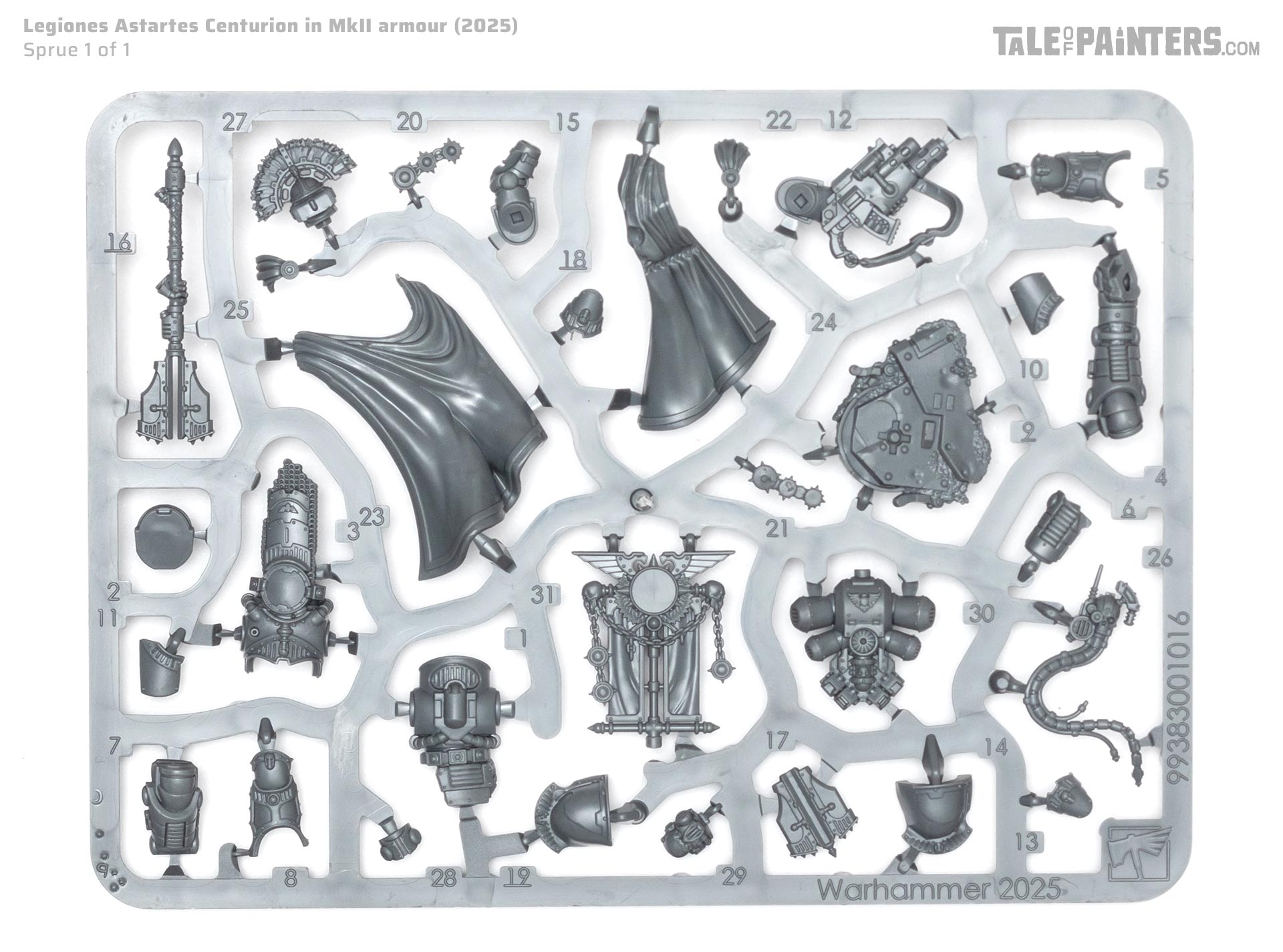 Legiones Astartes Centurion in MkII armour sprue arranged on a white background, photographed for review purposes