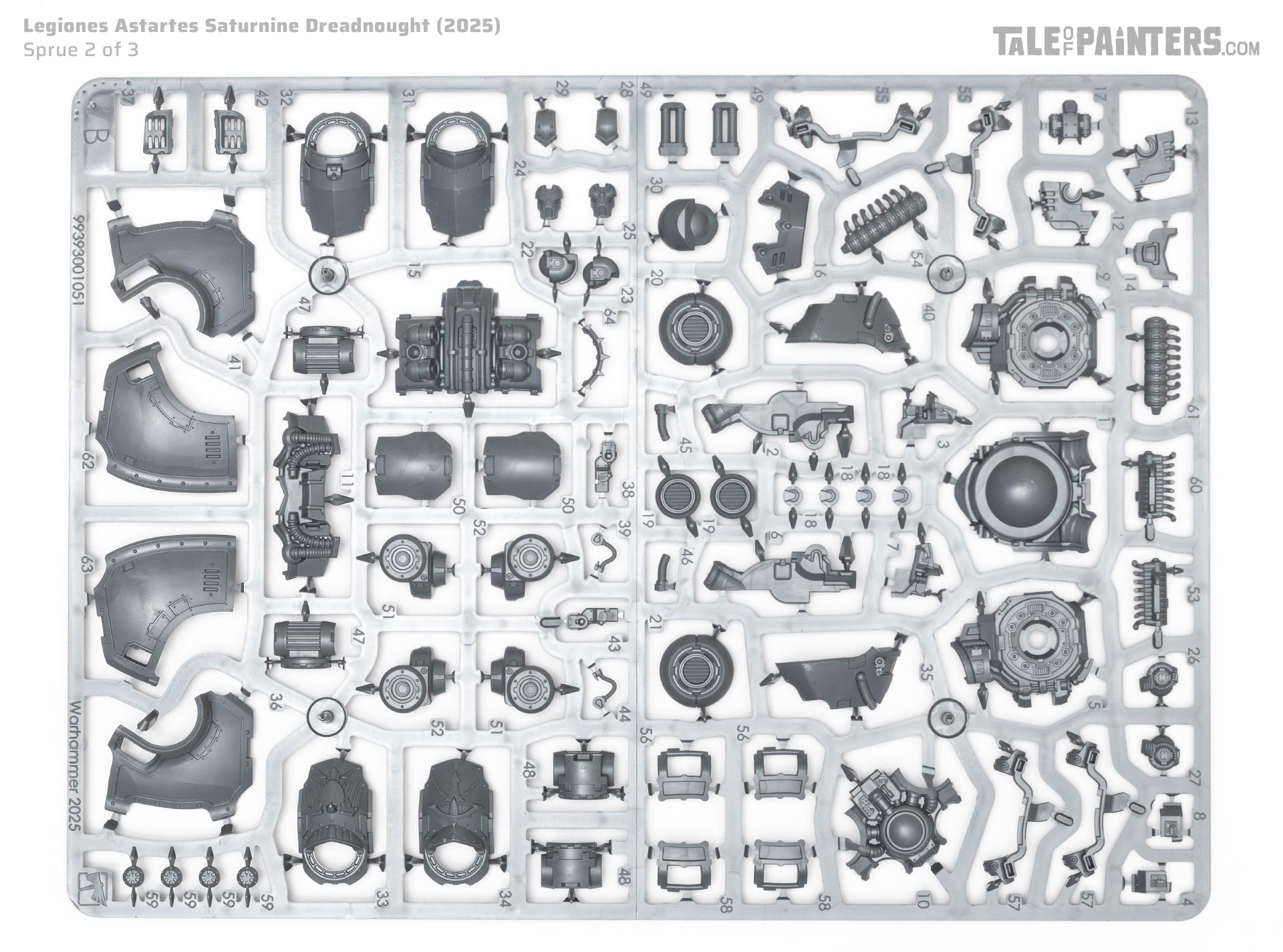 Legiones Astartes Saturnine Dreadnought sprue 1 arranged on a white background, photographed for review purposes