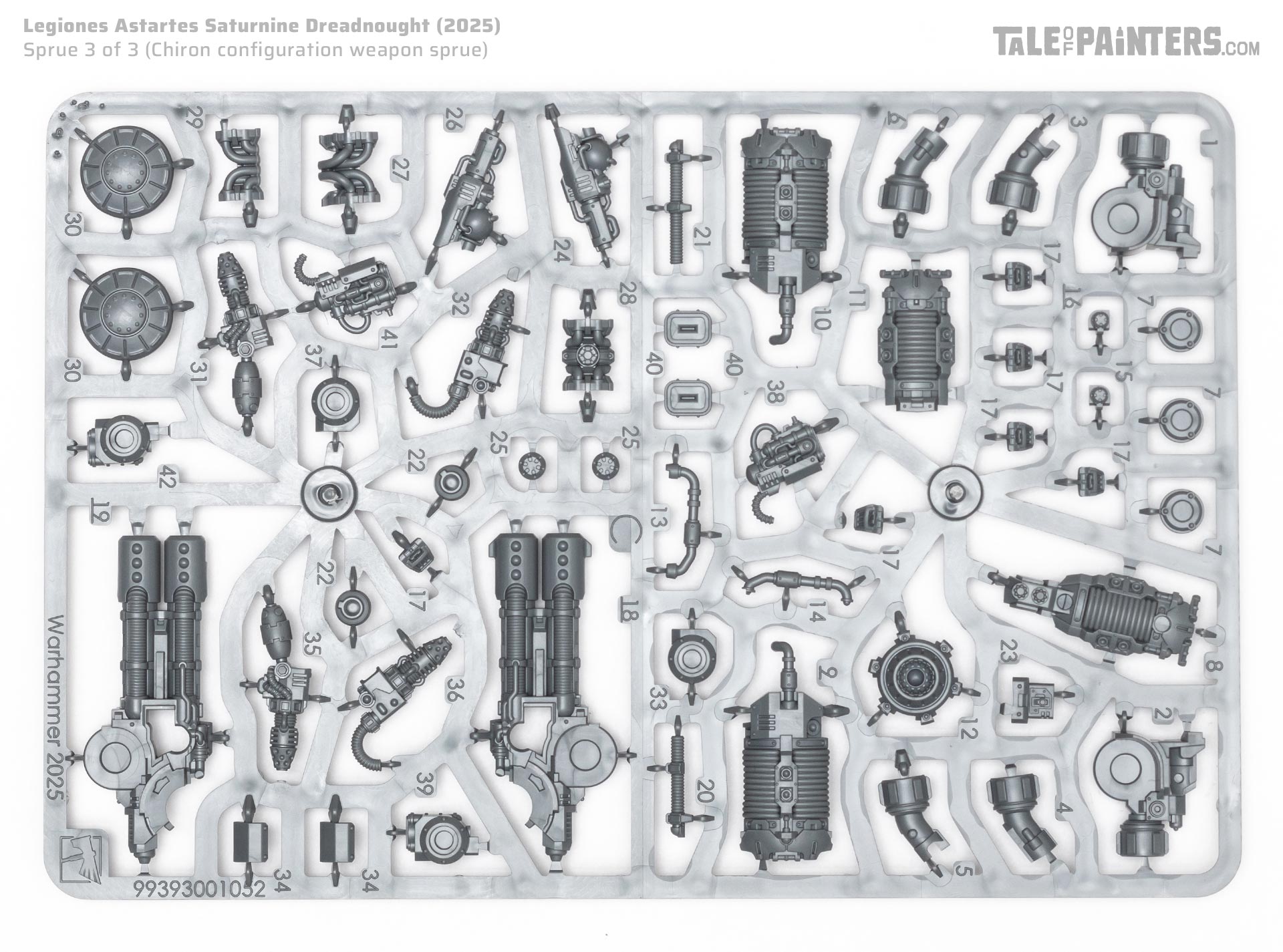 Legiones Astartes Saturnine Dreadnought Chiron configuration weapon sprue arranged on a white background, photographed for review purposes
