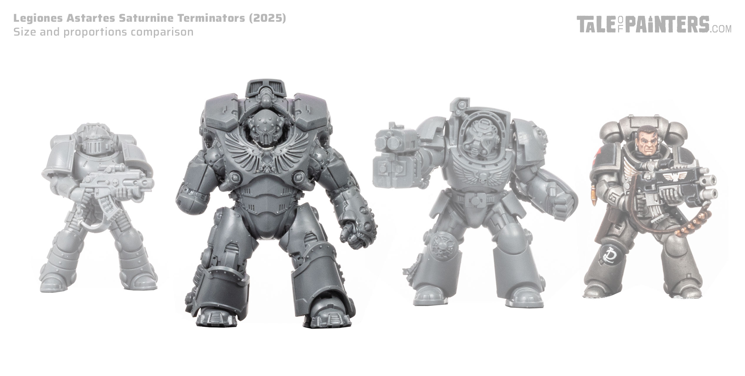 Comparison shot of a MkII armour Legionary, Saturnine Terminator without shoulder pads, new scale 40k Terminator, and a Primaris Space Marine Intercessor, collage on a white background