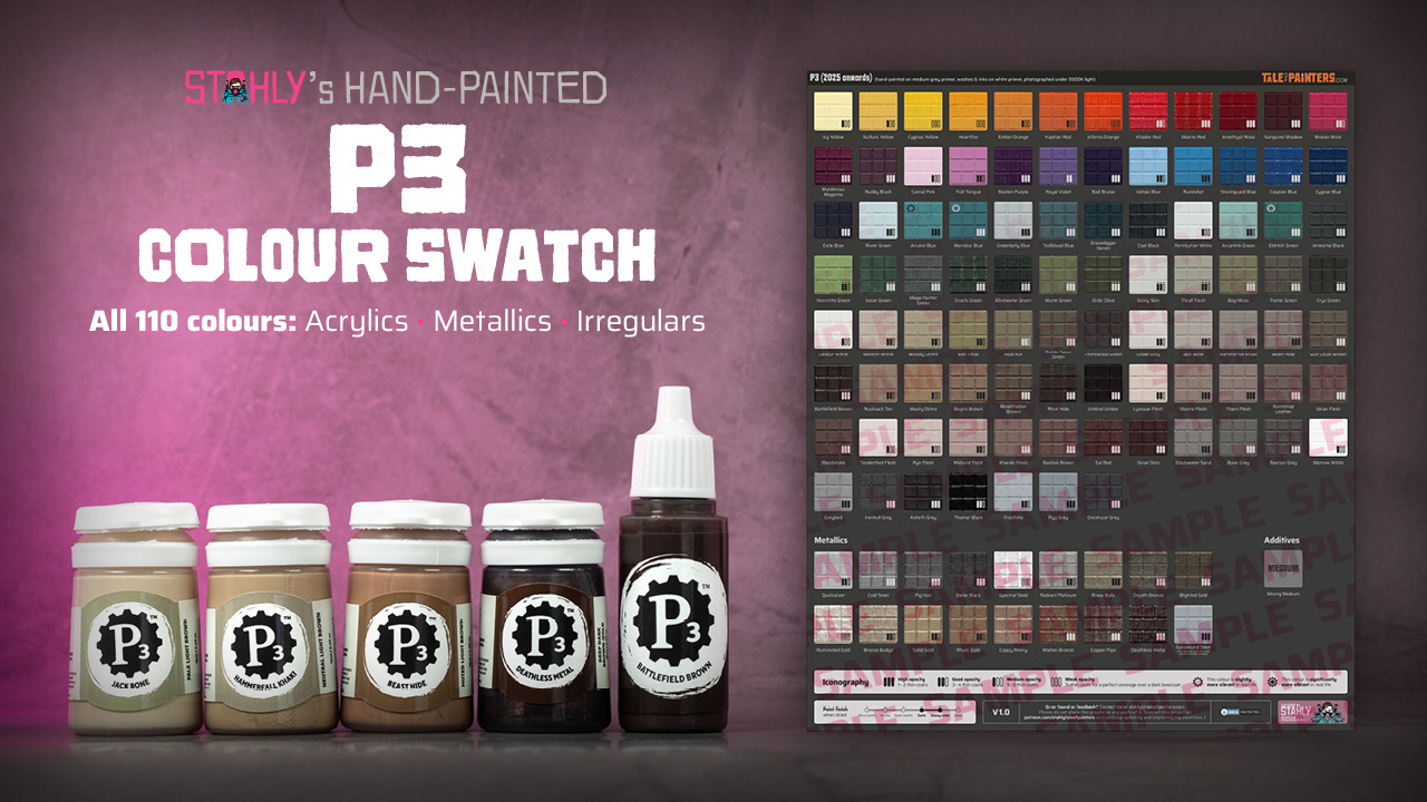 Patreon banner for Stahly's hand-painted P3 hobby paints colour swatch