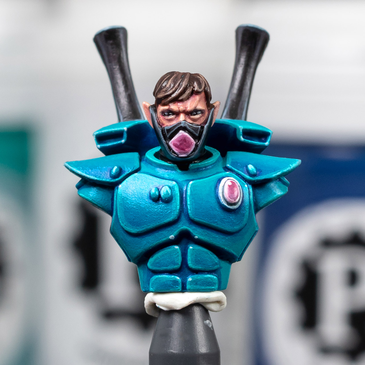 Stahly's custom Eldar Guardian bust 3d sculpt painted exclusively with P3 hobby paints in a turquoise Iybraesil paint scheme