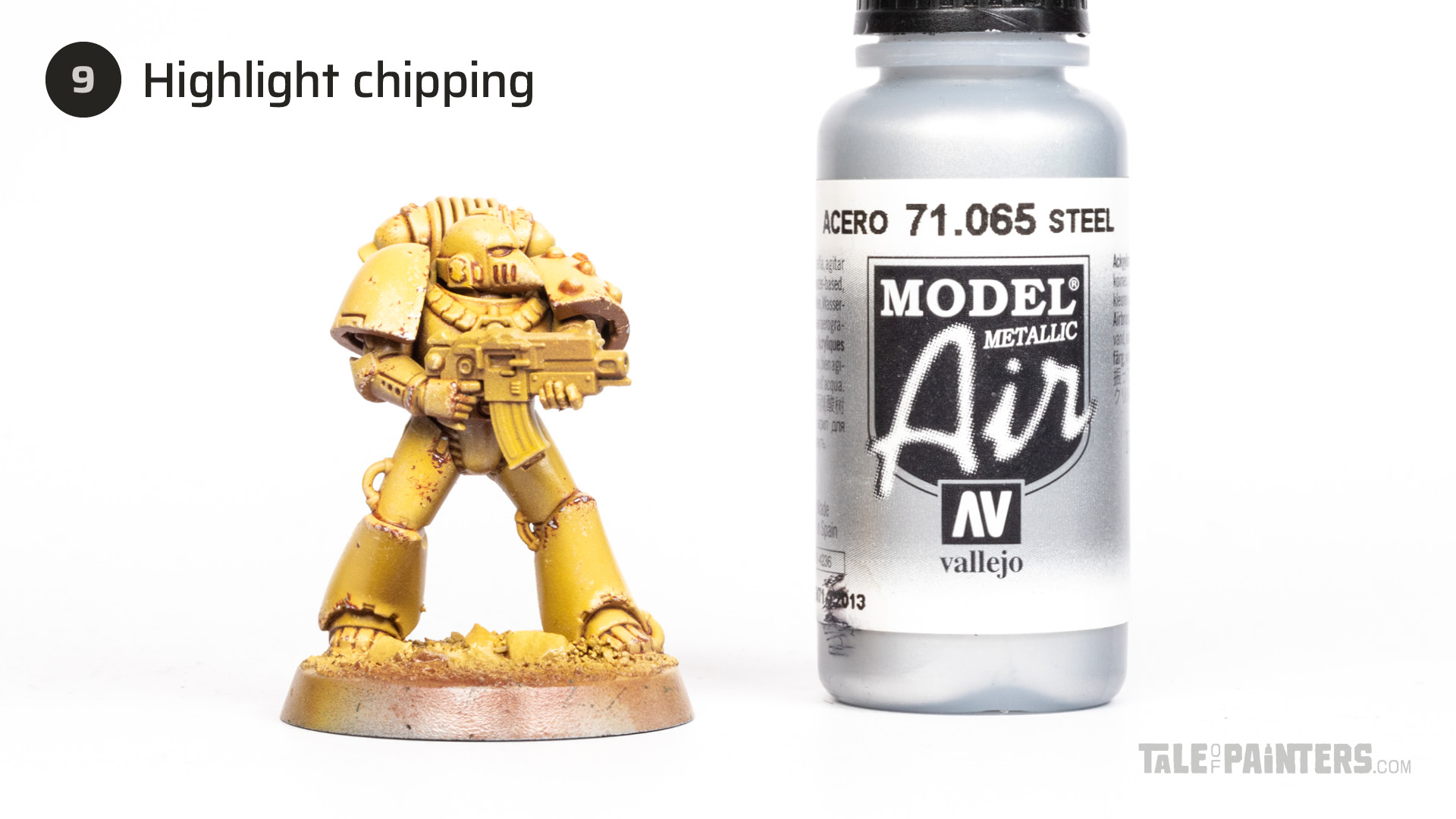 Step 9 of painting a grimdark, Horus Heresy era Mk6 Imperial Fists Legionary