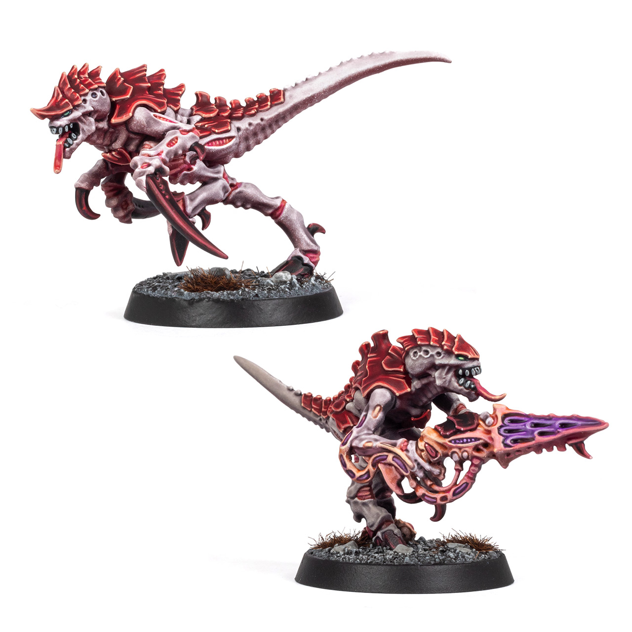 A Hormagaunt and Termagant model painted in Hive Fleet Kraken colours by Stahly, arranged on a white background