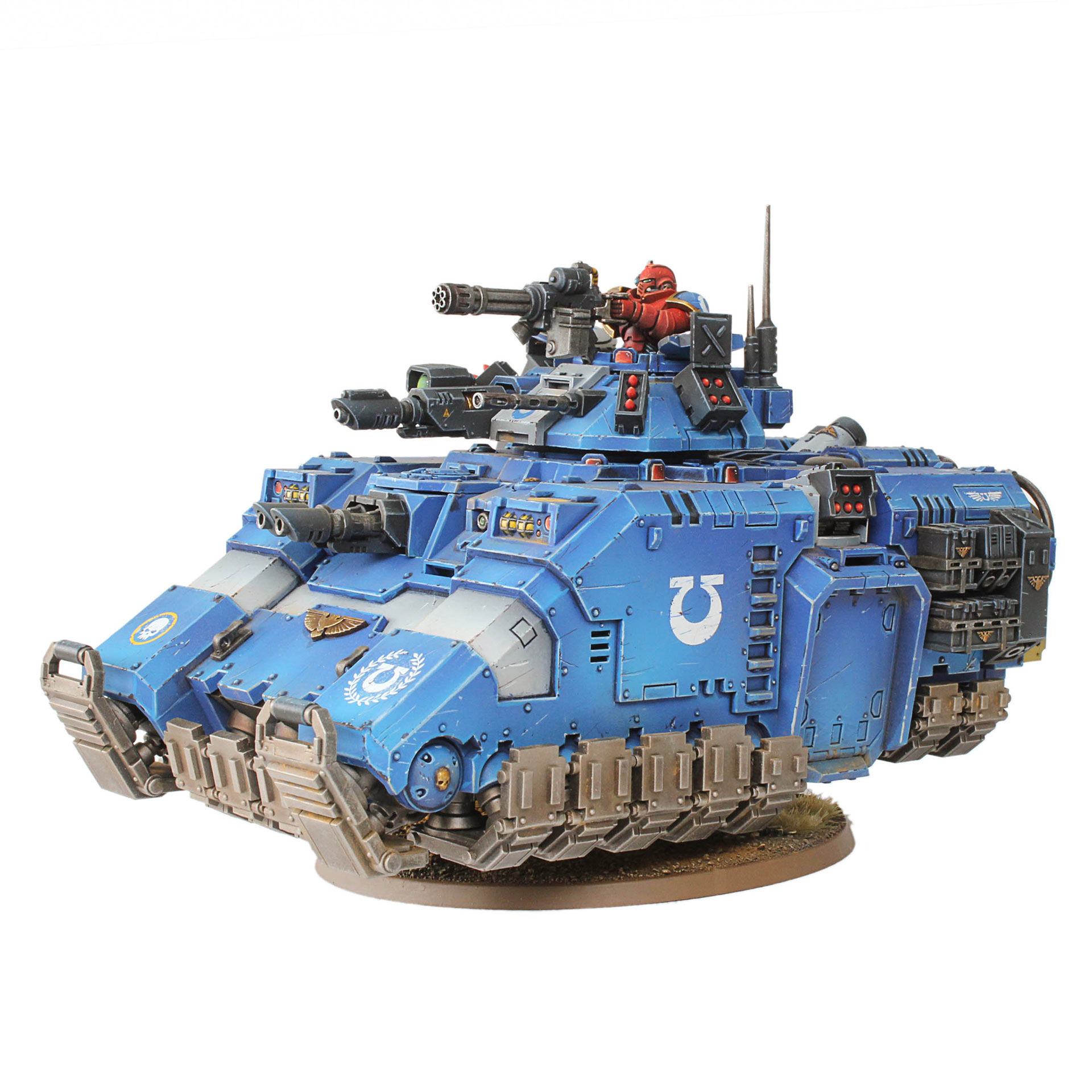 Ultramarines Primaris Repulsor hover tank painted by Dunk, on a clean white background