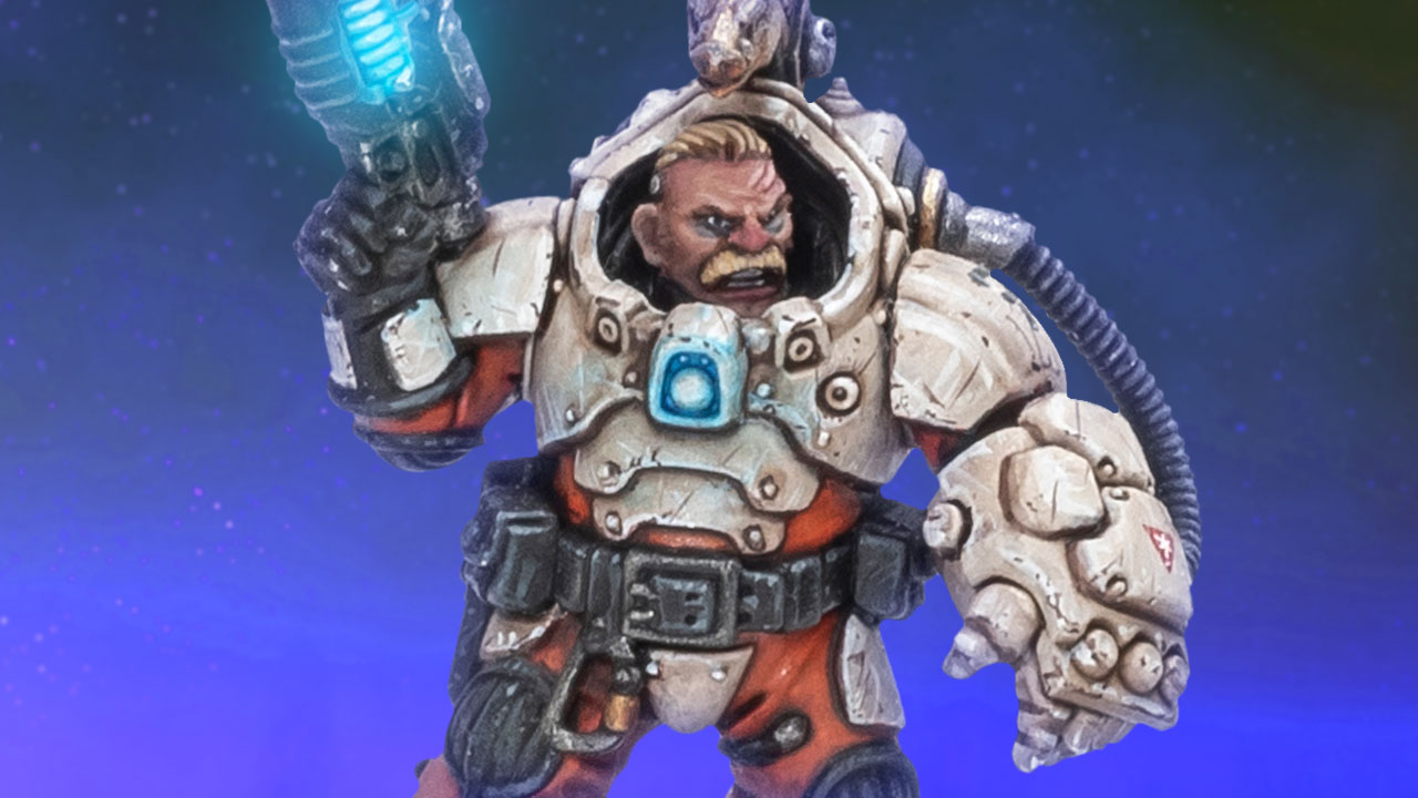 Cinematic shot of a Hearthkyn Warriors Theyn with EtaCarn plasma pistol, white armour, and orange suit, painted by Dunk