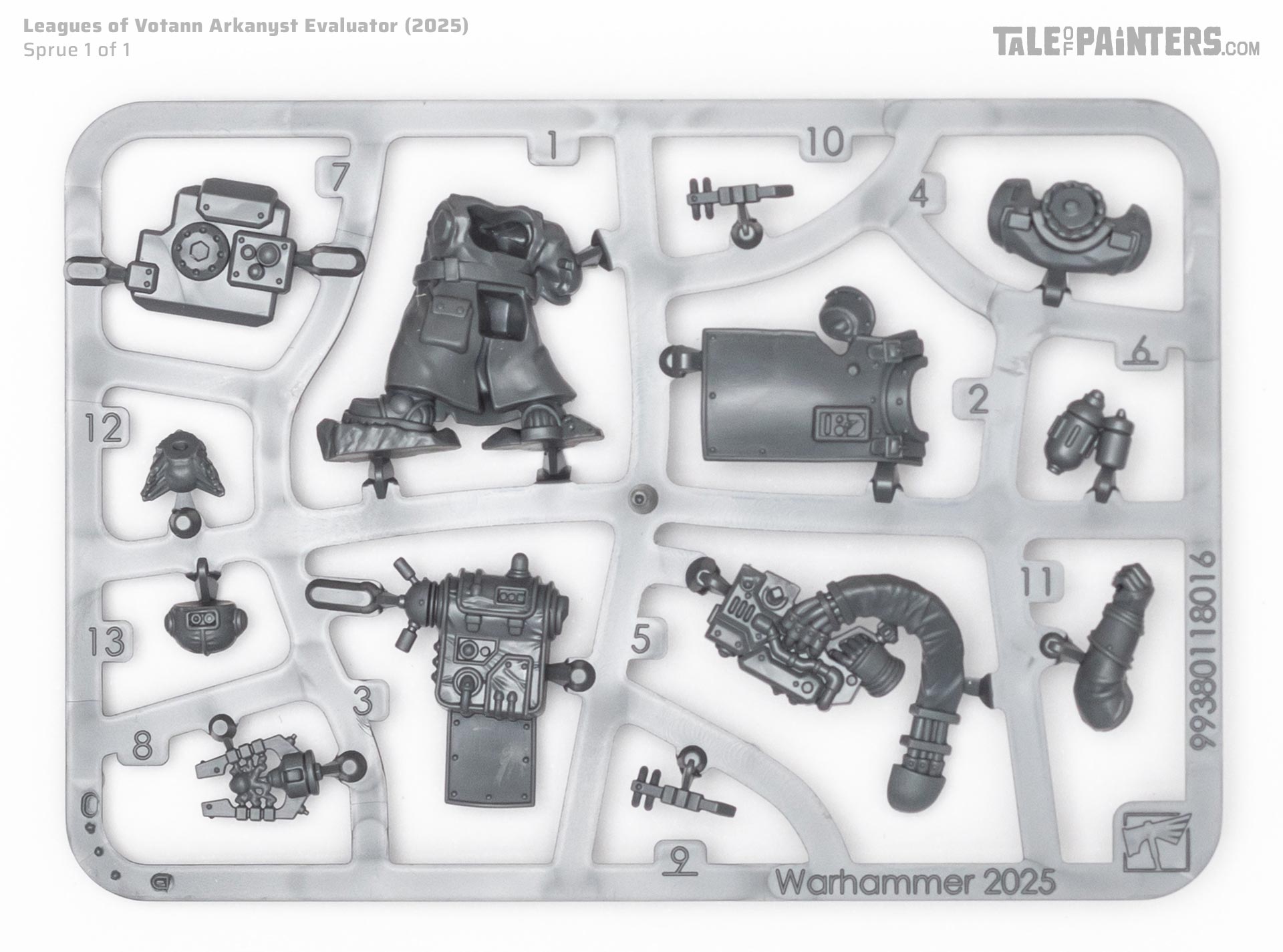 Leagues of Votann Arkanyst Evaluator model sprue on a clean, white background, photographed for review purposes