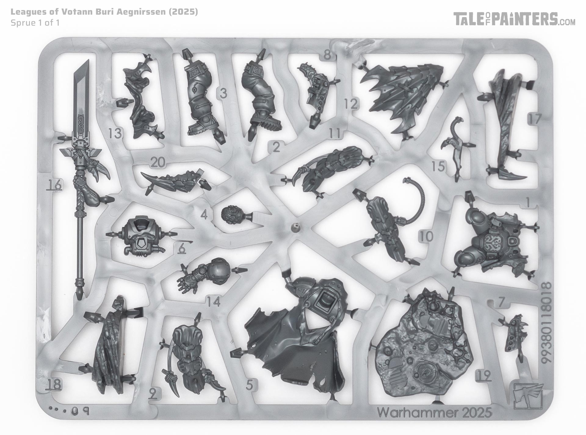 Leagues of Votann Buri Aegnirssen model sprue on a clean, white background, photographed for review purposes