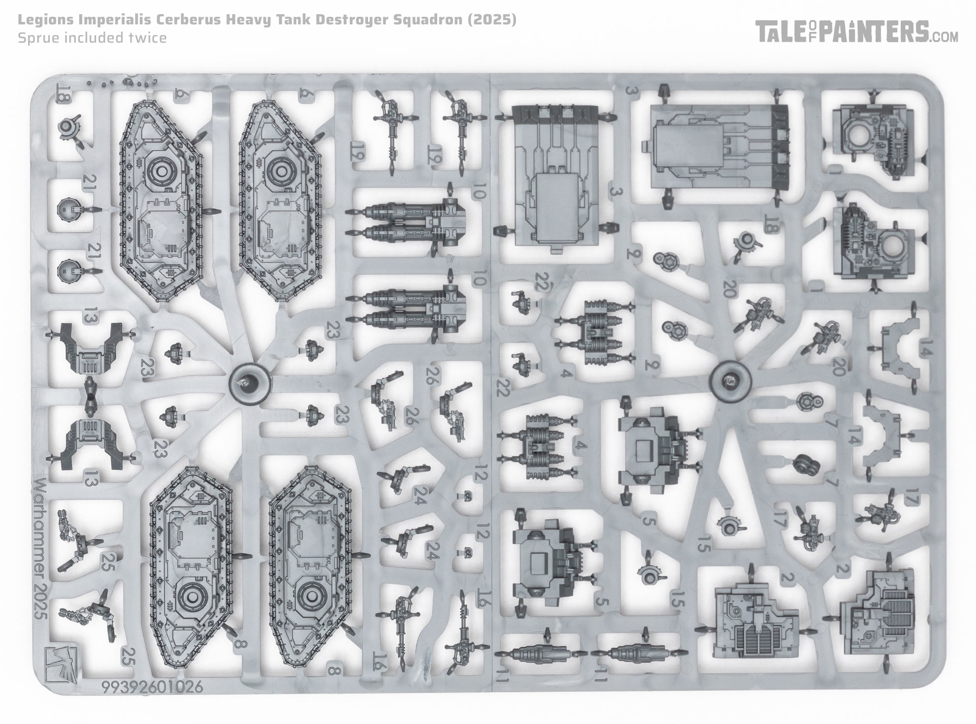 Legions Imperialis Cerberus Heavy Tank Destroyer Squadron sprue on a clean white background, part of a model kit review