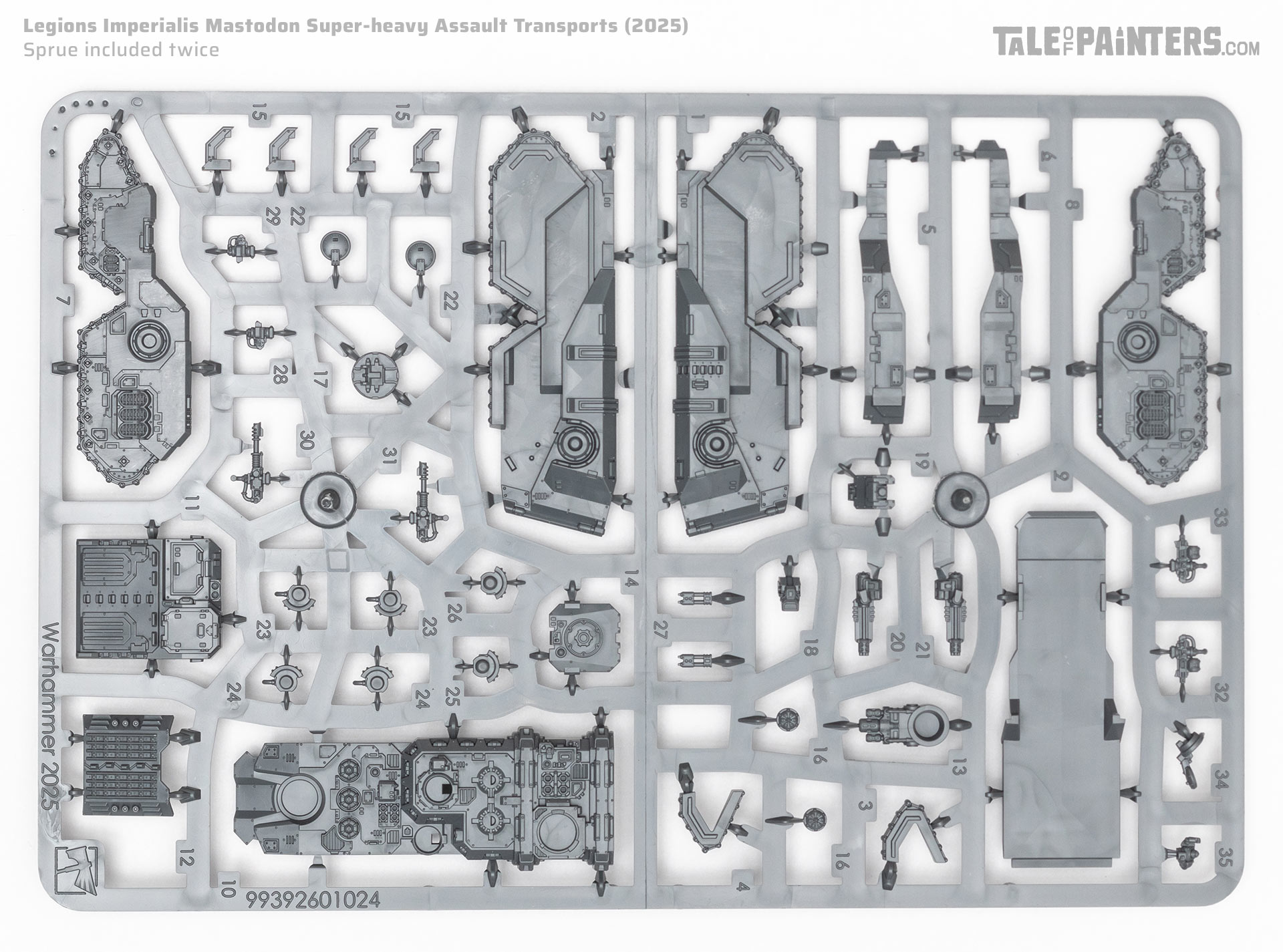 Legions Imperialis Mastodon Super-heavy Assault Transports sprue on a clean white background, part of a model kit review