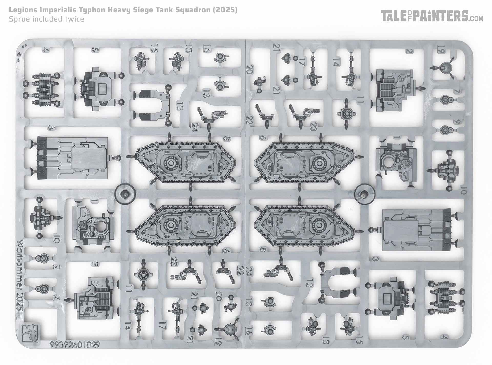 Legions Imperialis Typhon Heavy Siege Tank Squadron sprue on a clean white background, part of a model kit review